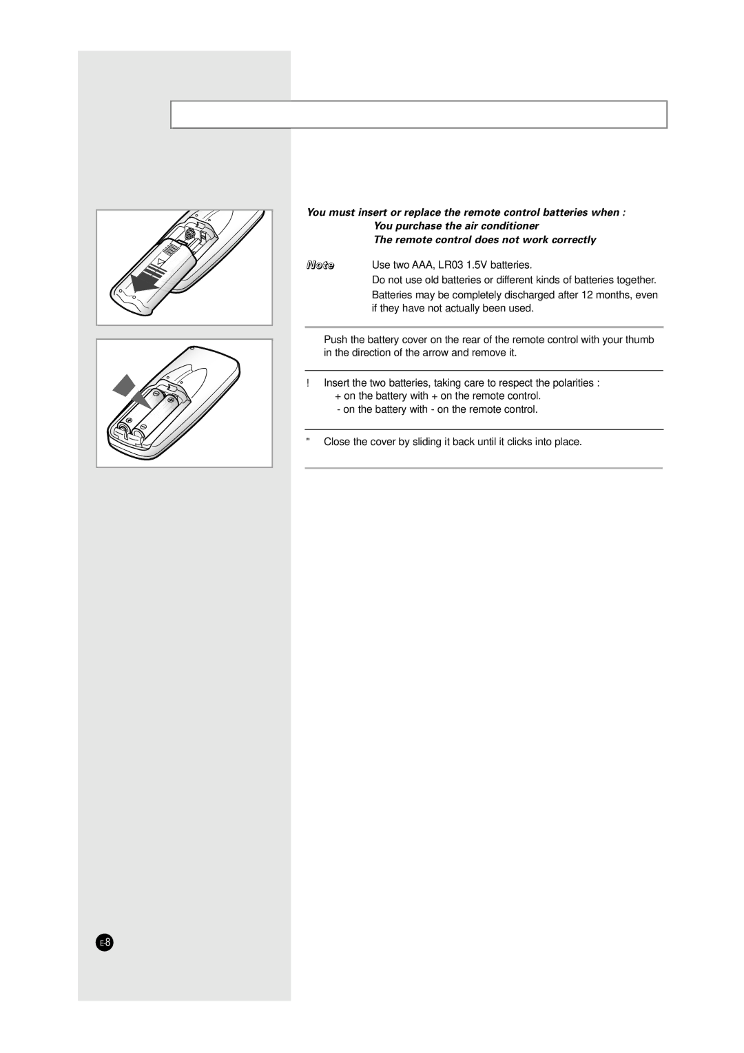 Samsung SH12UA1 manual Inserting the Remote Control Batteries 