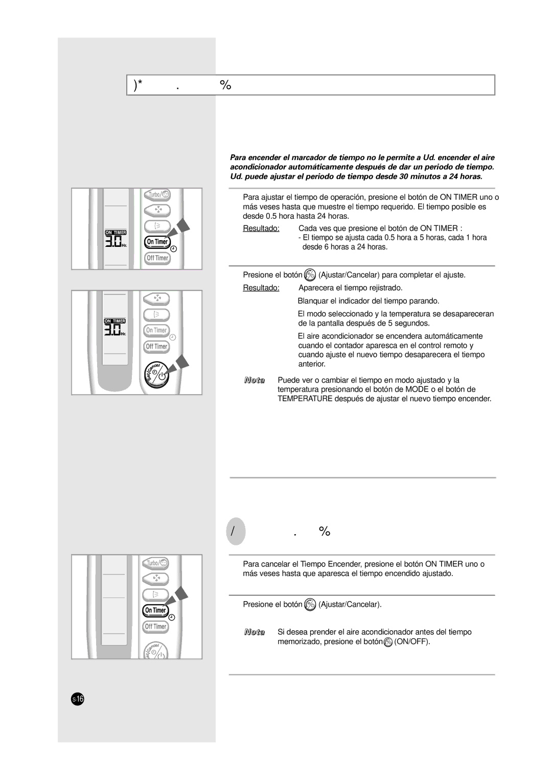 Samsung SH12YA9, SH12YA1, SH12UA1 manuel dutilisation Ajustar el Tiempo para Encender, Para Cancelar el Tiempo Encender 