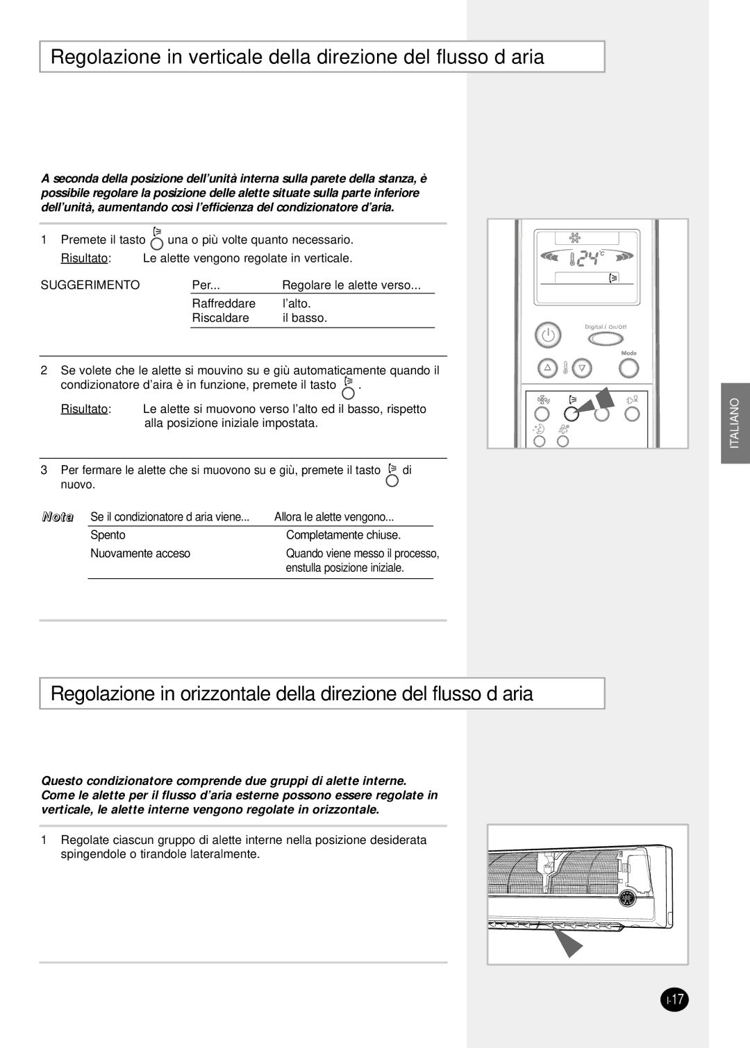 Samsung SH07ZPGX, SH12ZPG, SH24TP6, sH12ZPGA, SH18ZP0, SH09ZPG manual Regolazione in verticale della direzione del flusso d’aria 