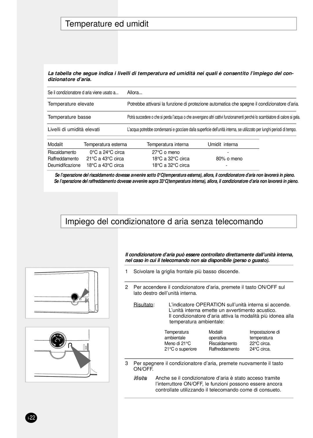 Samsung SH12ZPGX, SH24TP6, sH12ZPGA, SH18ZP0 Temperature ed umidità, Impiego del condizionatore d’aria senza telecomando 