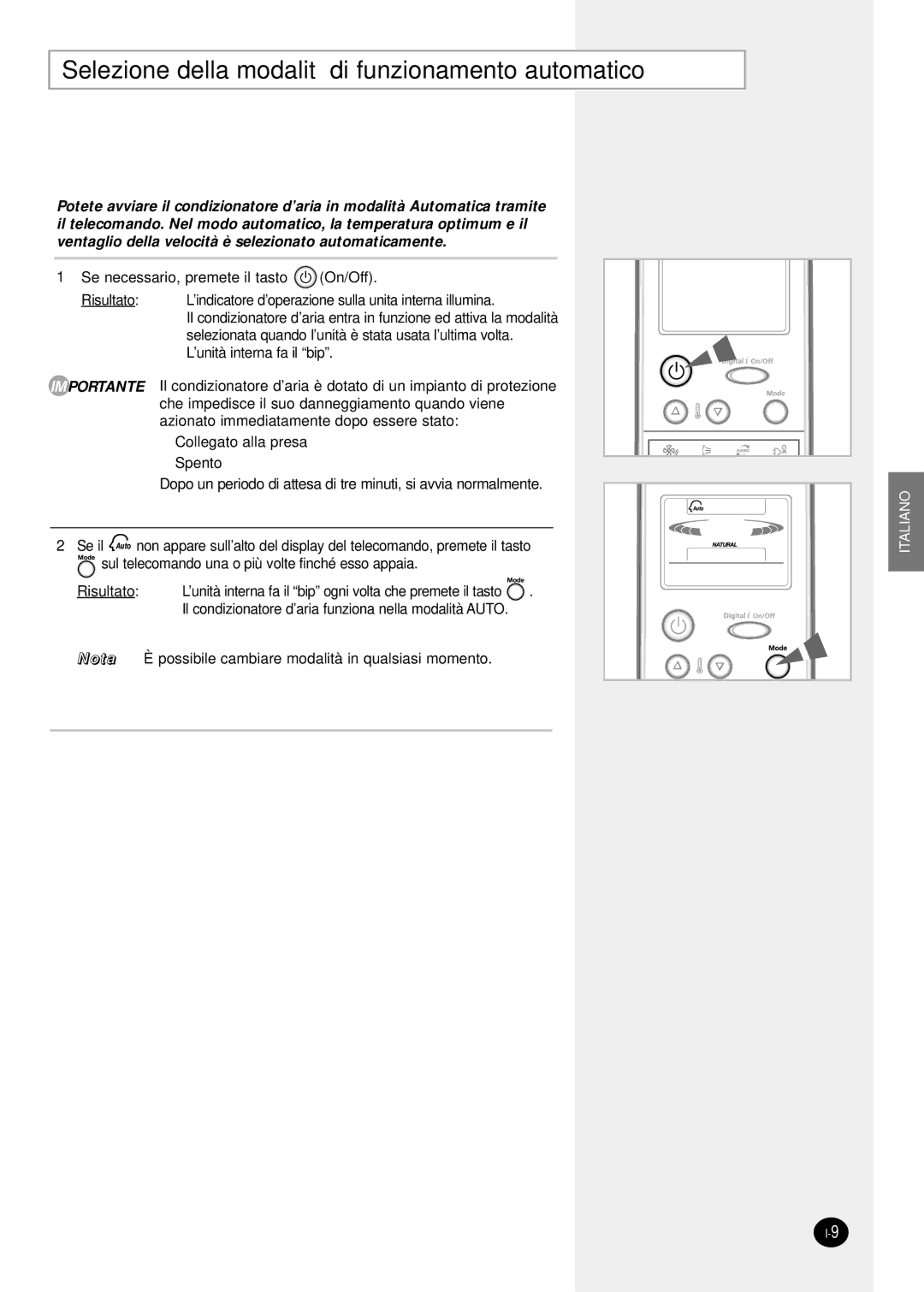 Samsung SH12ZPGX, SH24TP6, sH12ZPGA, SH07ZPGX, SH09ZPG, SH18ZP0X manual Selezione della modalità di funzionamento automatico 