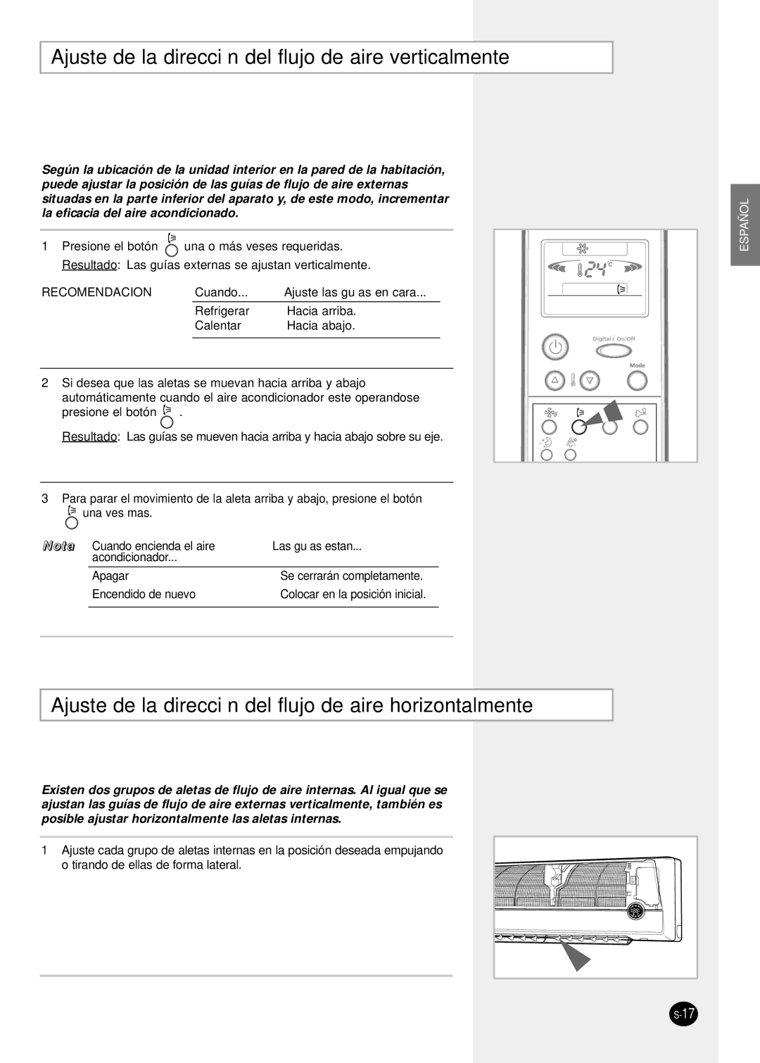 Samsung SH07ZPGX, SH12ZPG, SH24TP6, sH12ZPGA, SH09ZPG, SH18ZP0X manual Ajuste de la dirección del flujo de aire verticalmente 