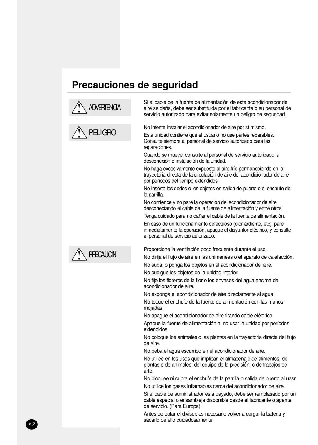 Samsung sH12ZPGA, SH07ZPGX, SH18ZP0X, SH24TP6X, SH12ZPGX, SH09ZPGX, SH12ZPGAX/SER manual Precauciones de seguridad 