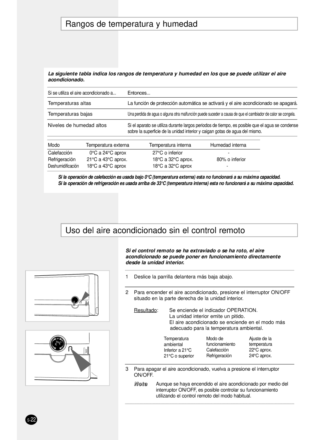 Samsung SH12ZPGX, SH24TP6, sH12ZPGA manual Rangos de temperatura y humedad, Uso del aire acondicionado sin el control remoto 