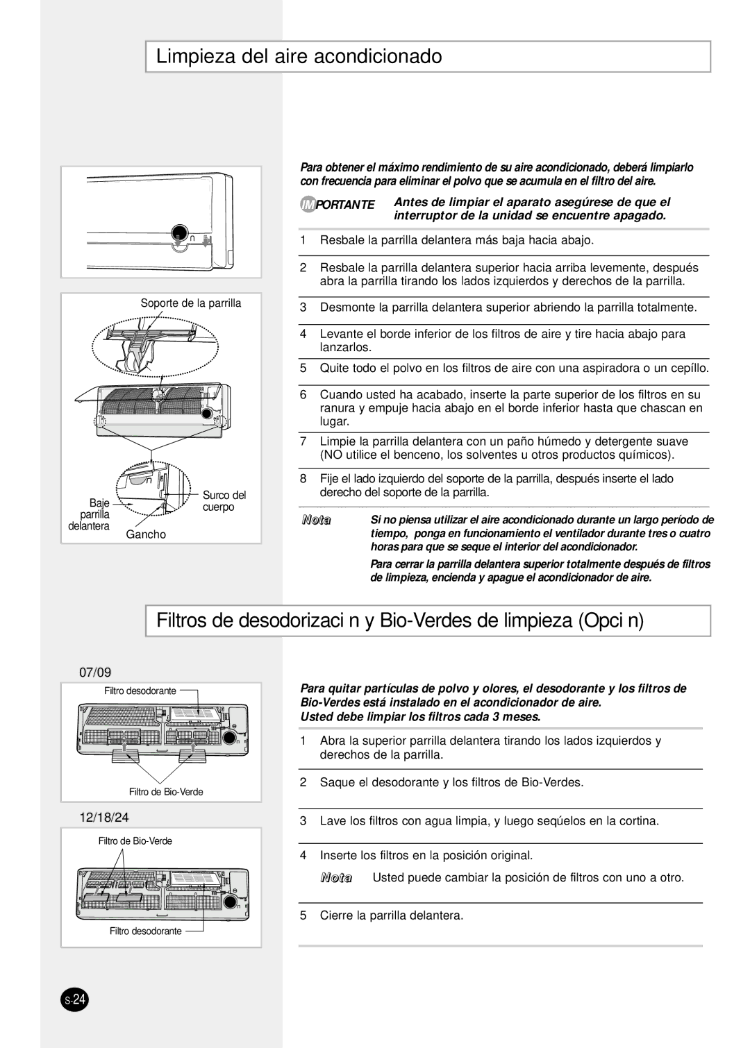 Samsung SH12ZPGAX/SER, SH24TP6 Limpieza del aire acondicionado, Filtros de desodorización y Bio-Verdes de limpieza Opción 