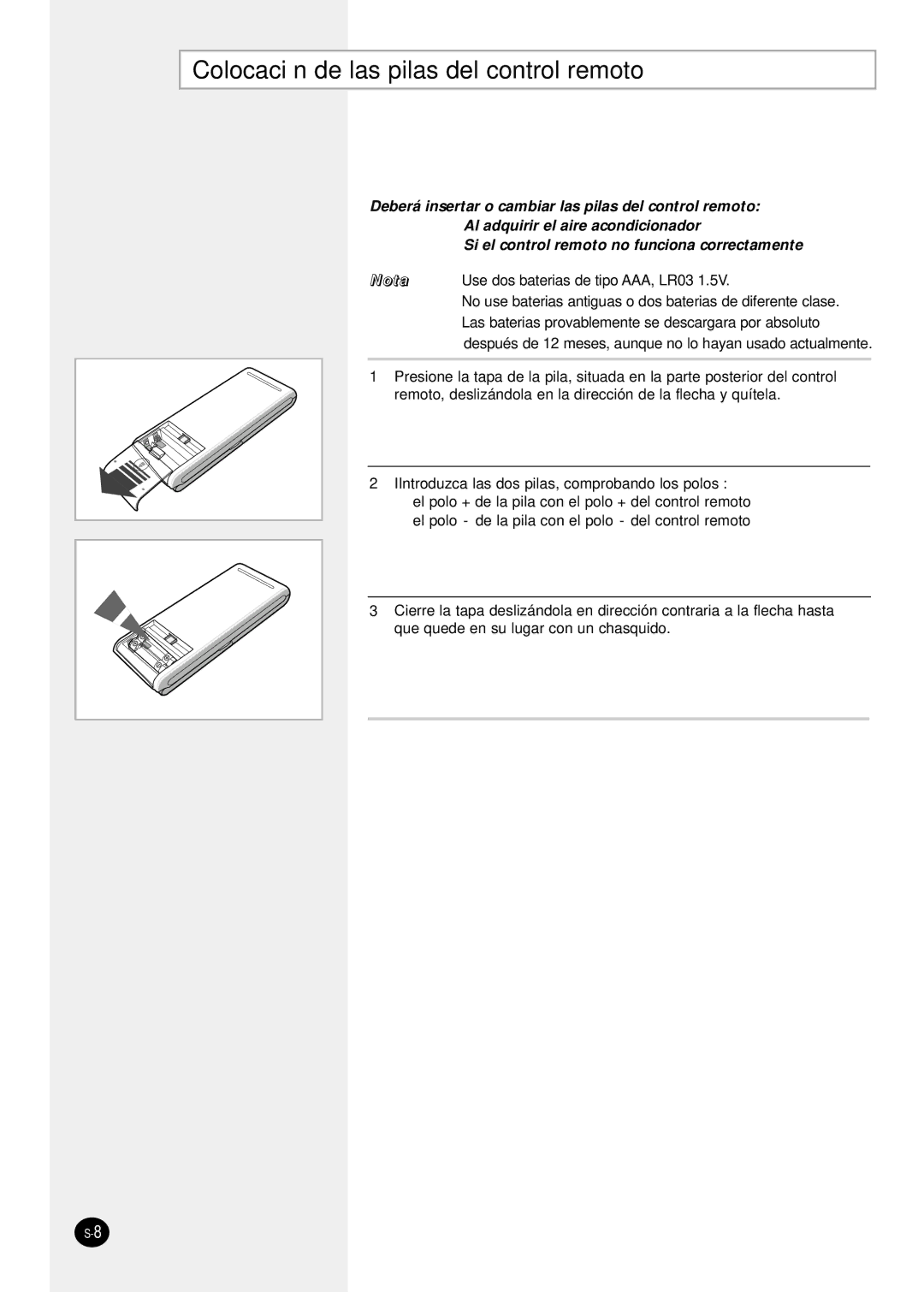 Samsung SH24TP6X, sH12ZPGA, SH07ZPGX, SH18ZP0X, SH12ZPGX, SH09ZPGX manual Colocación de las pilas del control remoto 