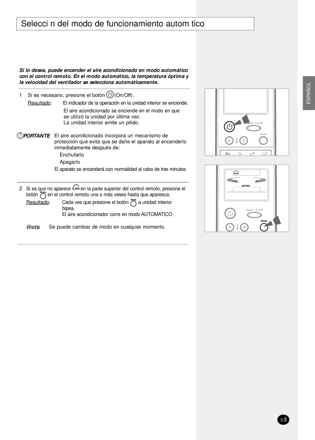 Samsung SH12ZPGX, sH12ZPGA, SH07ZPGX, SH09ZPG, SH18ZP0X, SH24TP6X manual Selección del modo de funcionamiento automático 