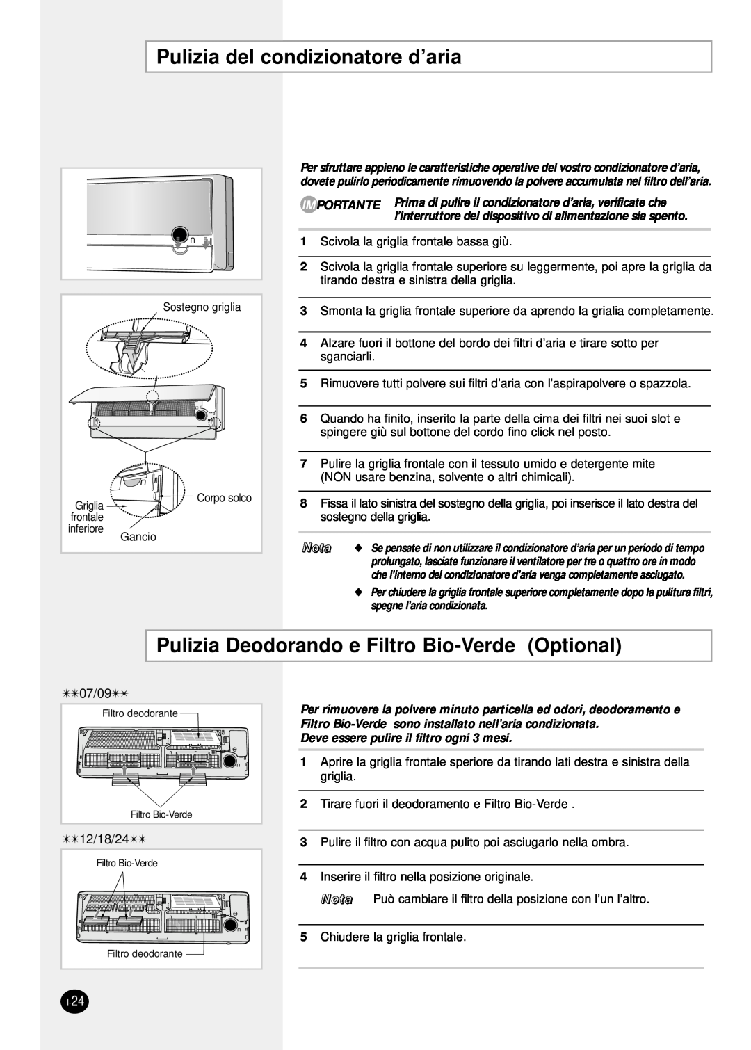 Samsung SH12ZPG/SER, SH24TP6 manual Pulizia del condizionatore d’aria, Pulizia Deodorando e Filtro Bio-Verde Optional, Nota 