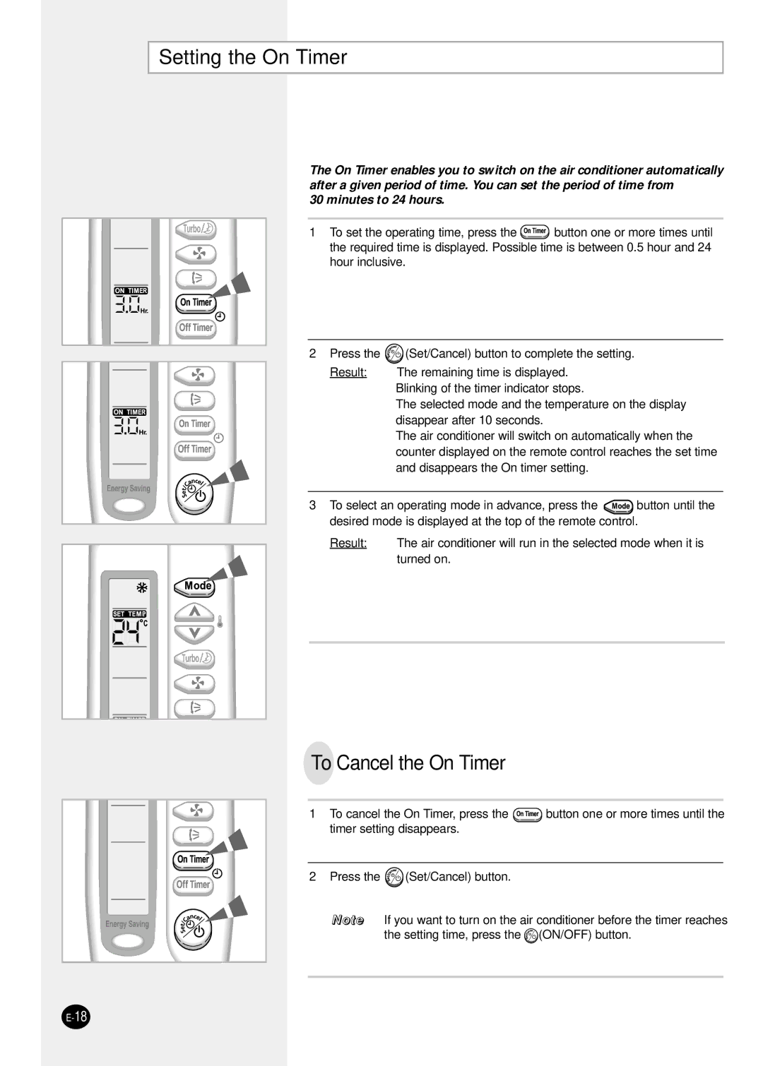 Samsung SH12ZSG/SER manual Setting the On Timer, To Cancel the On Timer 