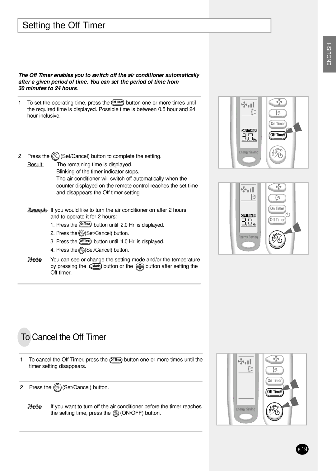 Samsung SH12ZSG/SER manual Setting the Off Timer, To Cancel the Off Timer 