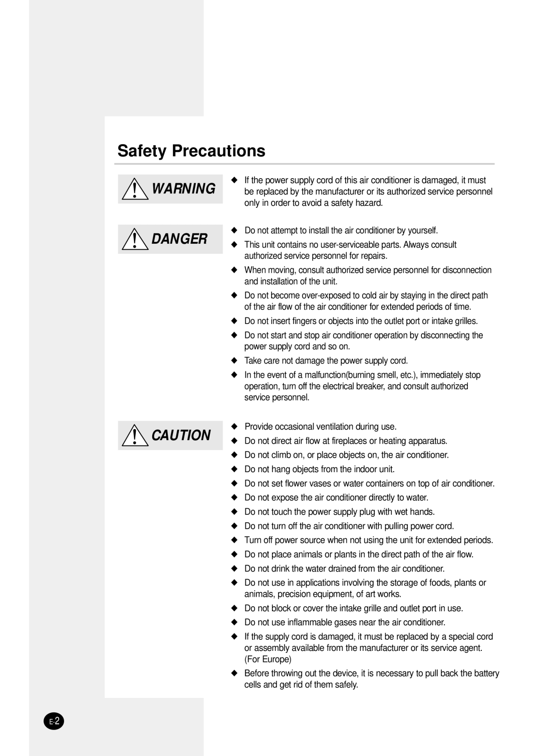 Samsung SH12ZSG/SER manual Safety Precautions 