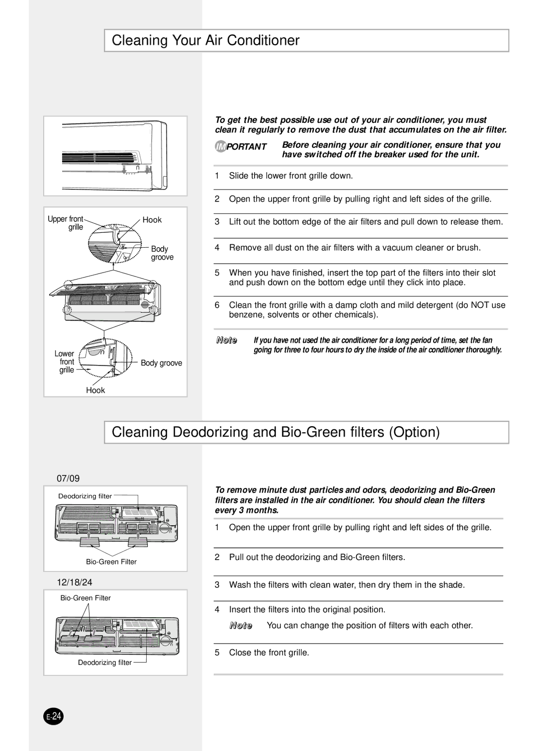 Samsung SH12ZSG/SER manual Cleaning Your Air Conditioner, Cleaning Deodorizing and Bio-Green filters Option 