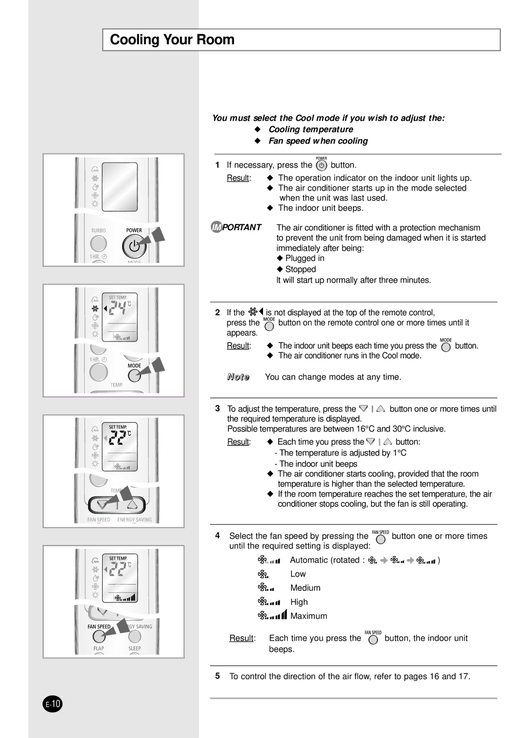 Samsung SH09ZW8/SER, SH12ZWHD/SER, SH09ZW8/XFO, SH12ZWHD/XFO manual Cooling Your Room, Fan speed when cooling 