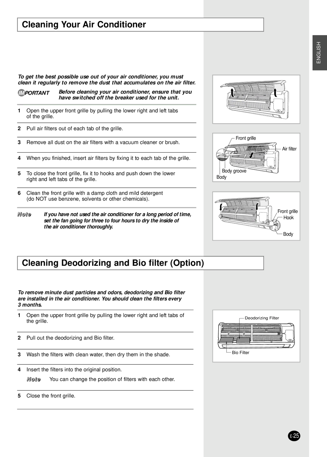 Samsung SH09ZW8/SER, SH12ZWHD/SER, SH09ZW8/XFO Cleaning Your Air Conditioner, Cleaning Deodorizing and Bio filter Option 