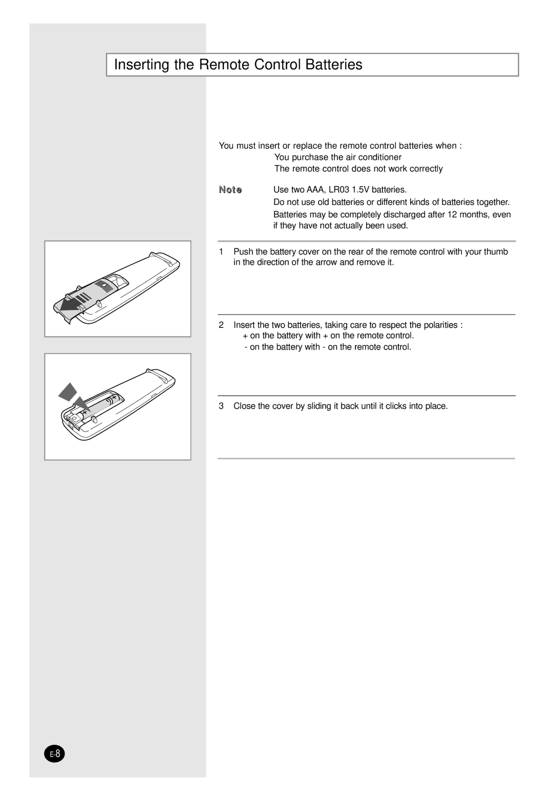 Samsung SH09ZW8/XFO, SH09ZW8/SER, SH12ZWHD/SER, SH12ZWHD/XFO manual Inserting the Remote Control Batteries 