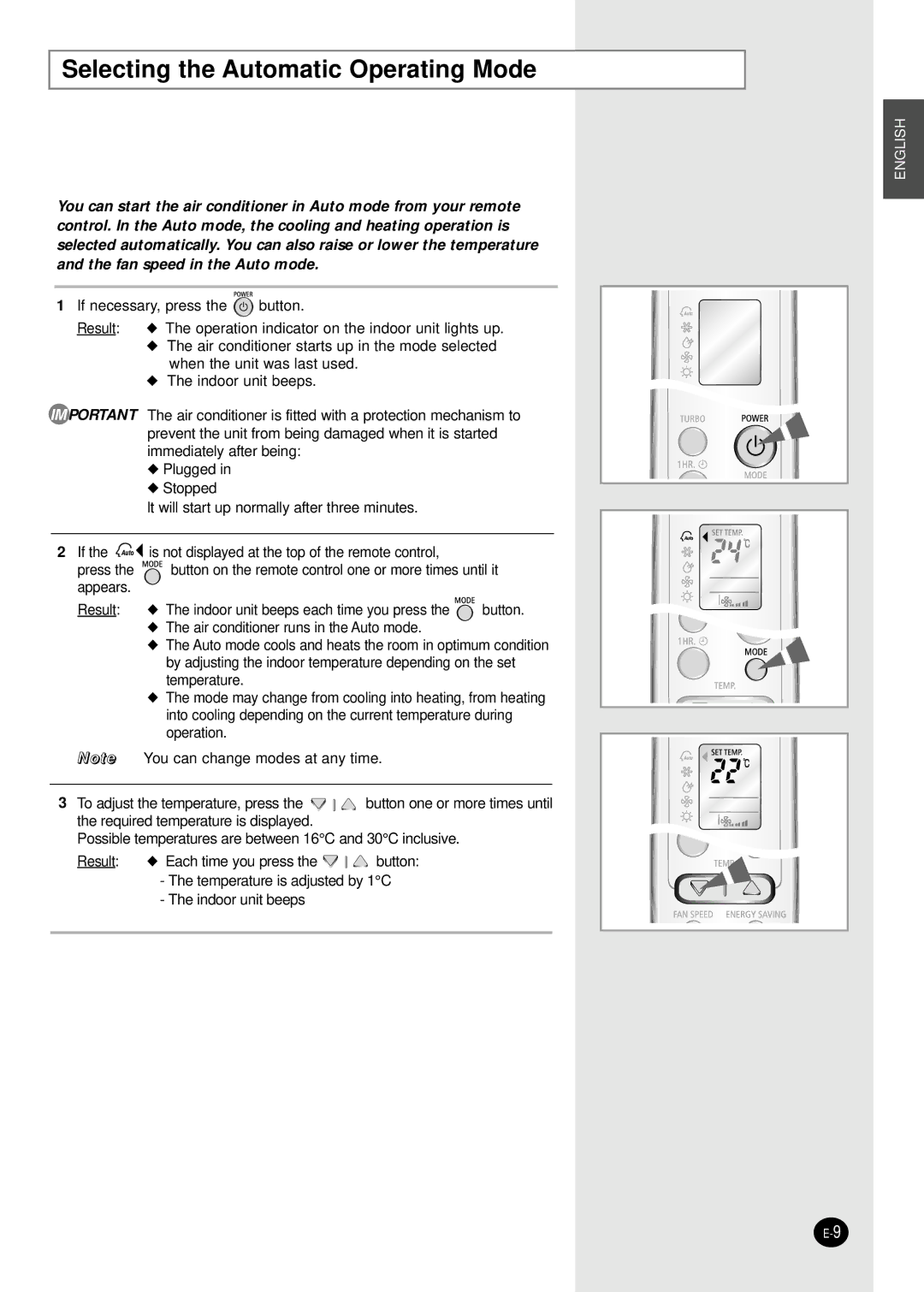 Samsung SH12ZWHD/XFO, SH09ZW8/SER, SH12ZWHD/SER, SH09ZW8/XFO manual Selecting the Automatic Operating Mode 