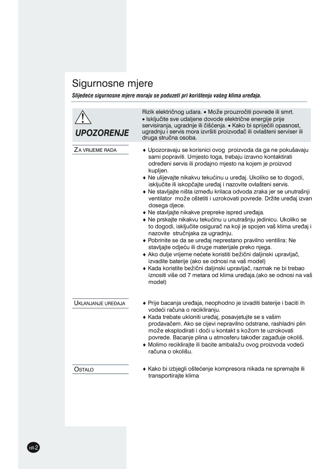 Samsung SH12ZWHDX, SH09ZW8X manuel dutilisation Sigurnosne mjere 