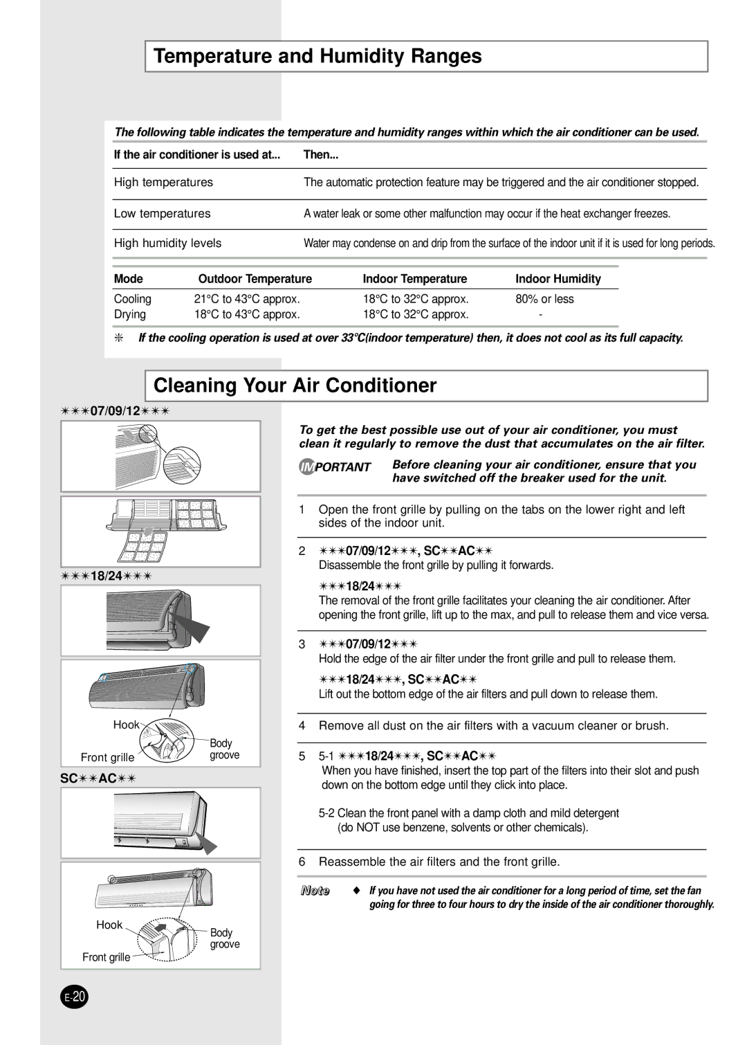 Samsung AQT18C0RE/MID, SH18AC0, SH24TA6D, SH07AC6X, SH24AC6 Temperature and Humidity Ranges, Cleaning Your Air Conditioner 