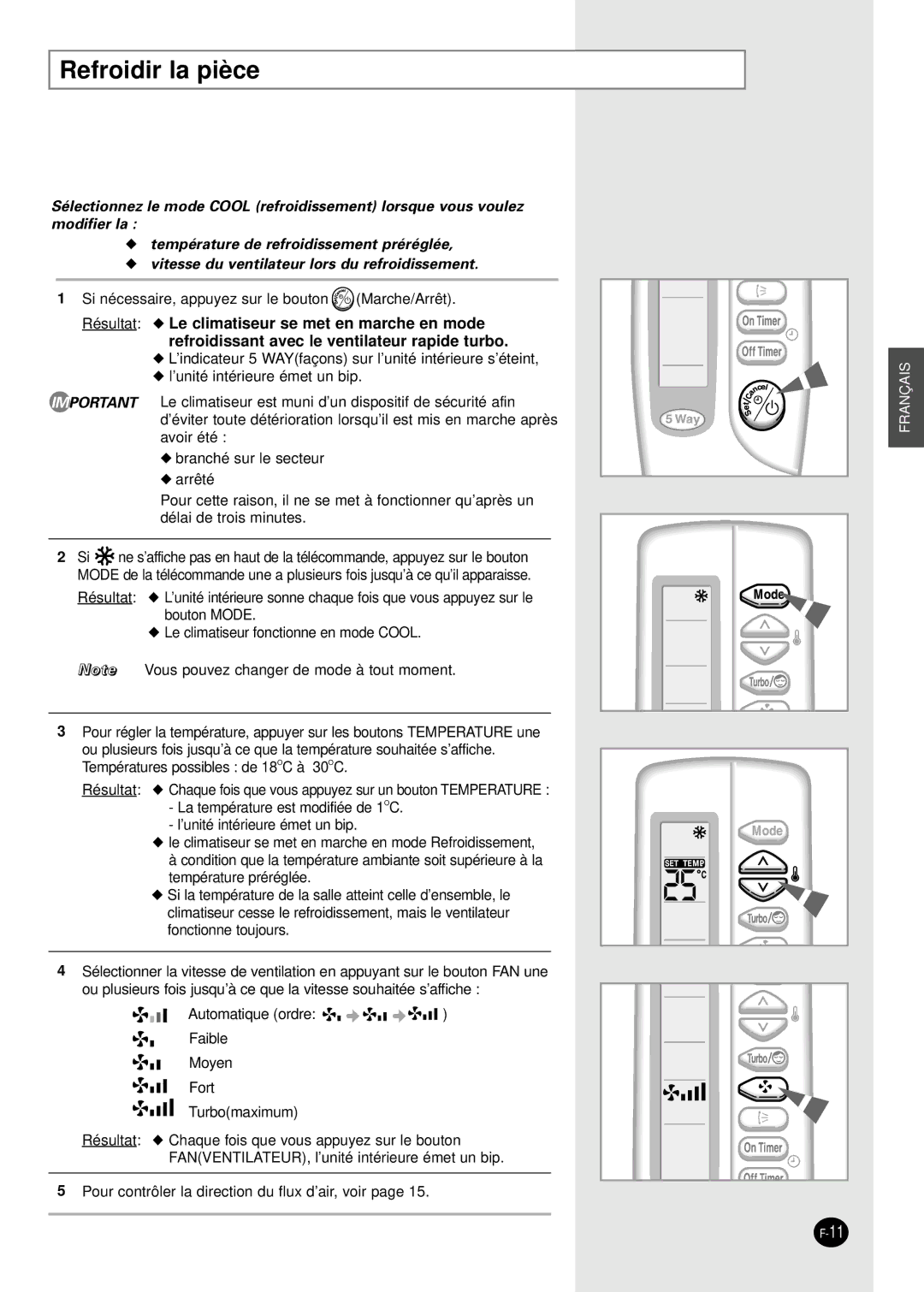 Samsung SH18AC0, SH07AC6X, SH24TA6DX, SH24AC6X manual Refroidir la pièce, Refroidissant avec le ventilateur rapide turbo 