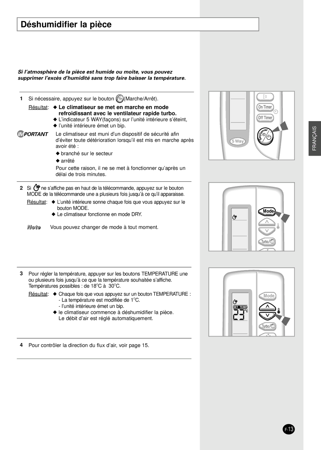 Samsung SH24AC6X, SH07AC6X, SH24TA6DX, SH18AC0X manual Déshumidifier la pièce 