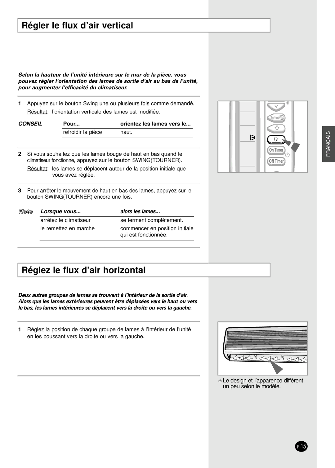 Samsung SH18AC0, SH07AC6X, SH24TA6DX, SH24AC6X manual Régler le flux d’air vertical, Réglez le flux d’air horizontal 