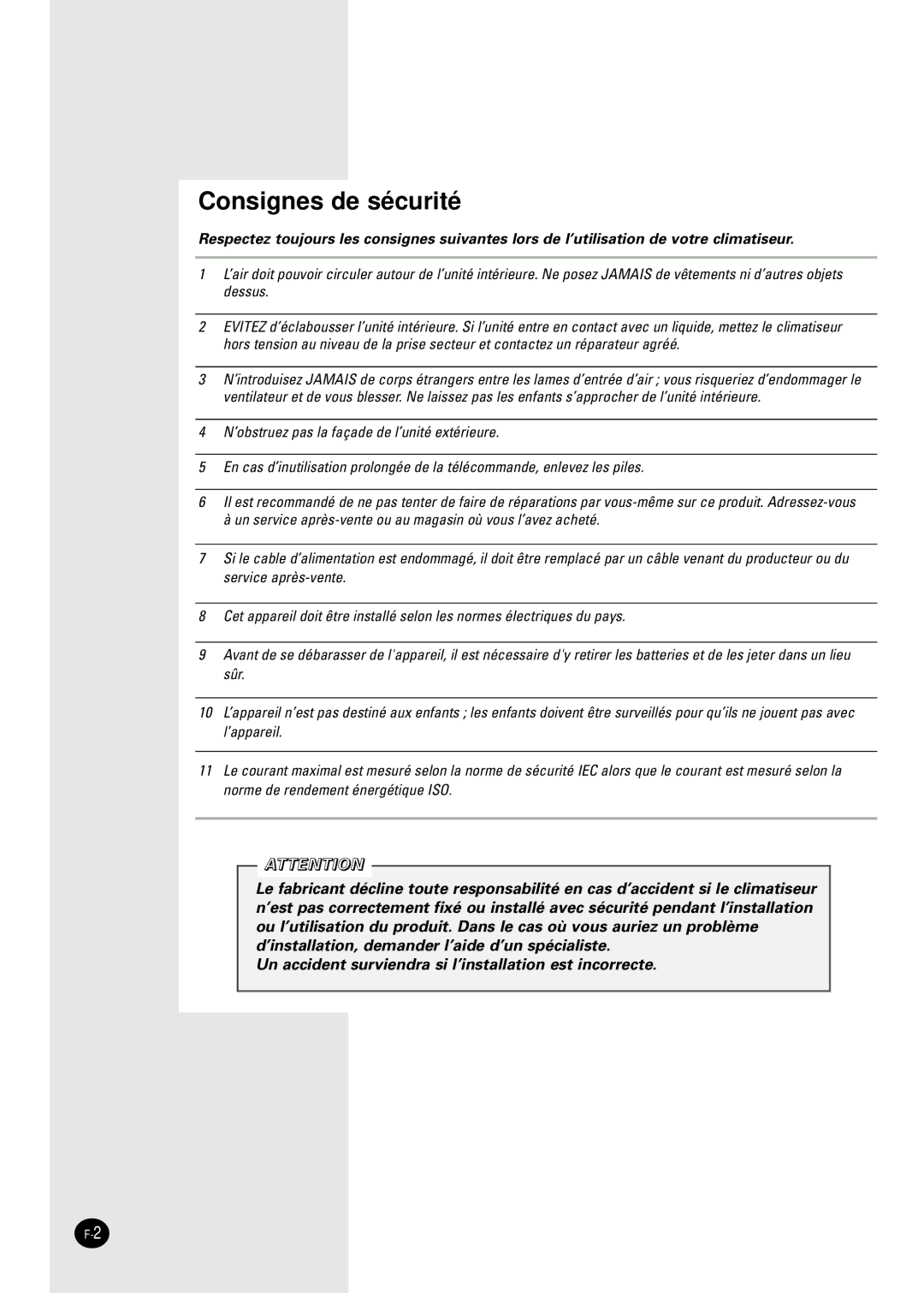 Samsung SH07AC6X, SH24TA6DX, SH24AC6X, SH18AC0X manual Consignes de sécurité 