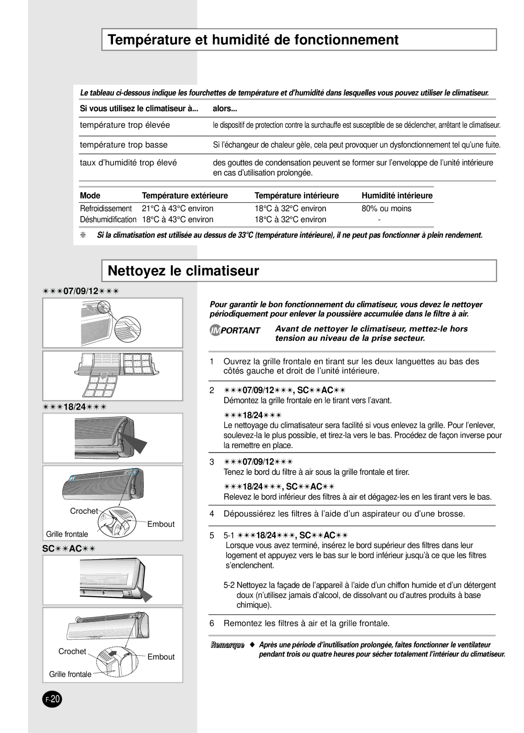 Samsung SH24TA6DX, SH18AC0, SH07AC6X, SH24AC6 manual Température et humidité de fonctionnement, Nettoyez le climatiseur, Alors 