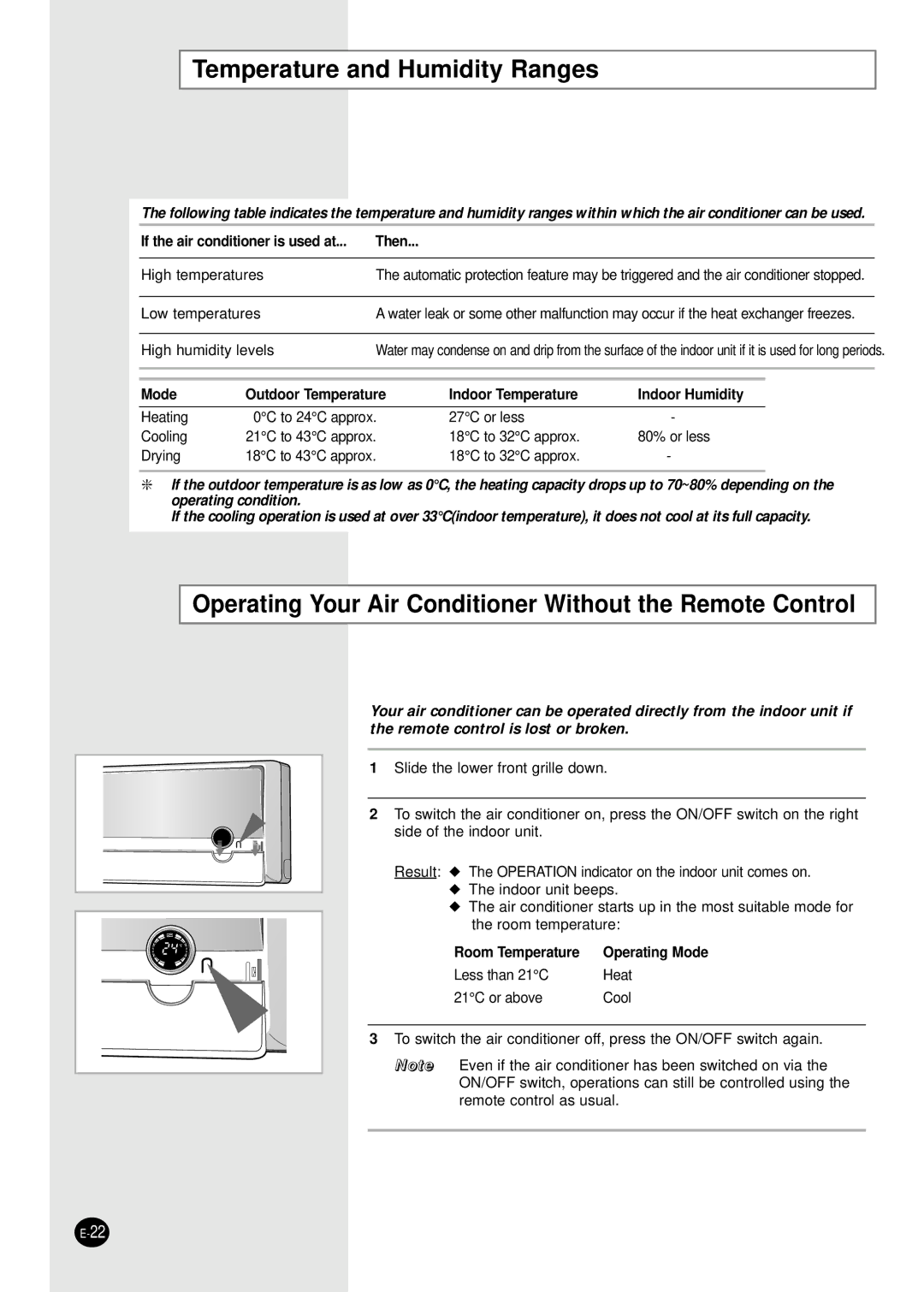 Samsung SH07ZP2D/SER, SH18AP0D Temperature and Humidity Ranges, Operating Your Air Conditioner Without the Remote Control 