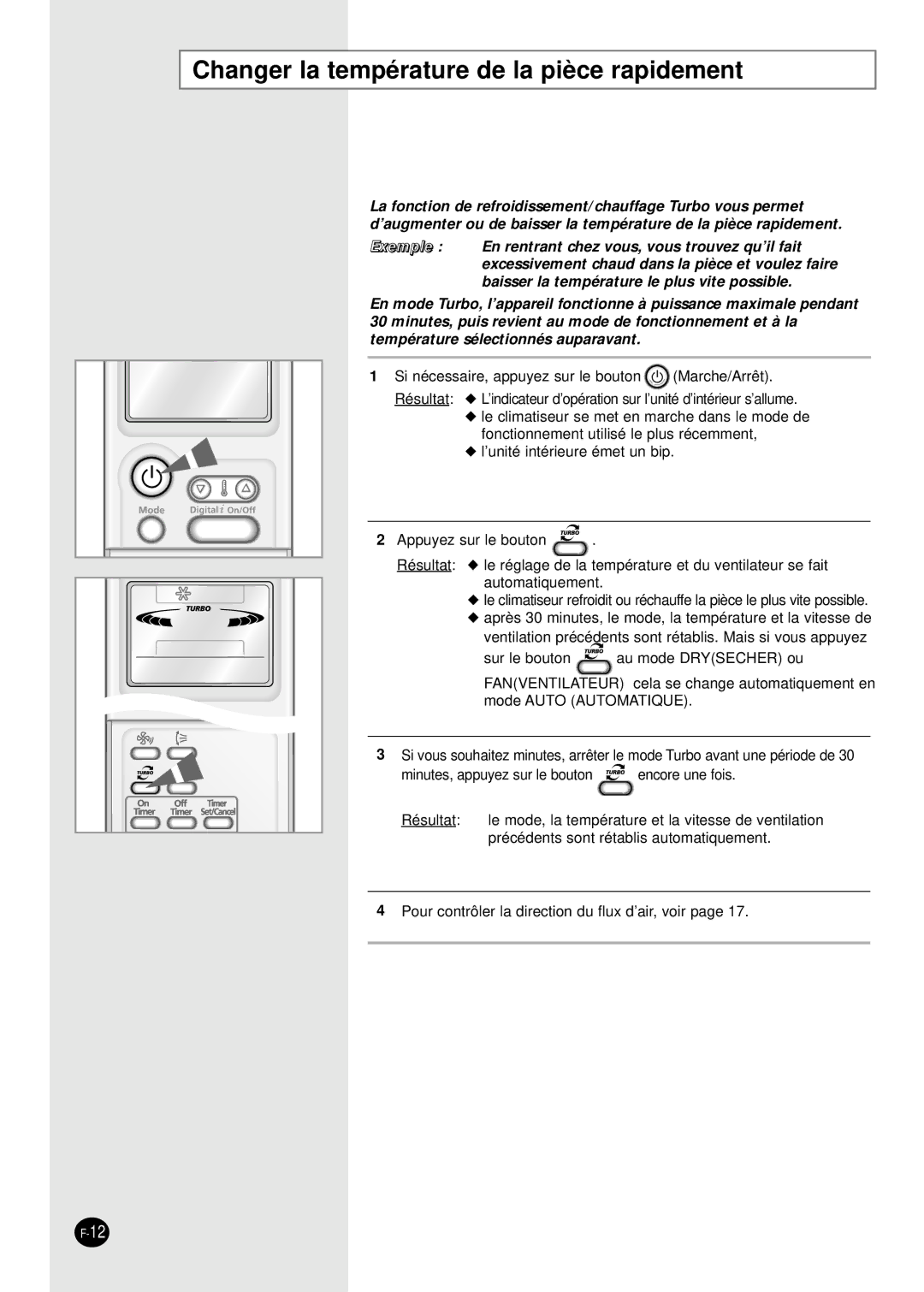 Samsung SH18AP0D, SH07APGD manual Changer la température de la pièce rapidement 