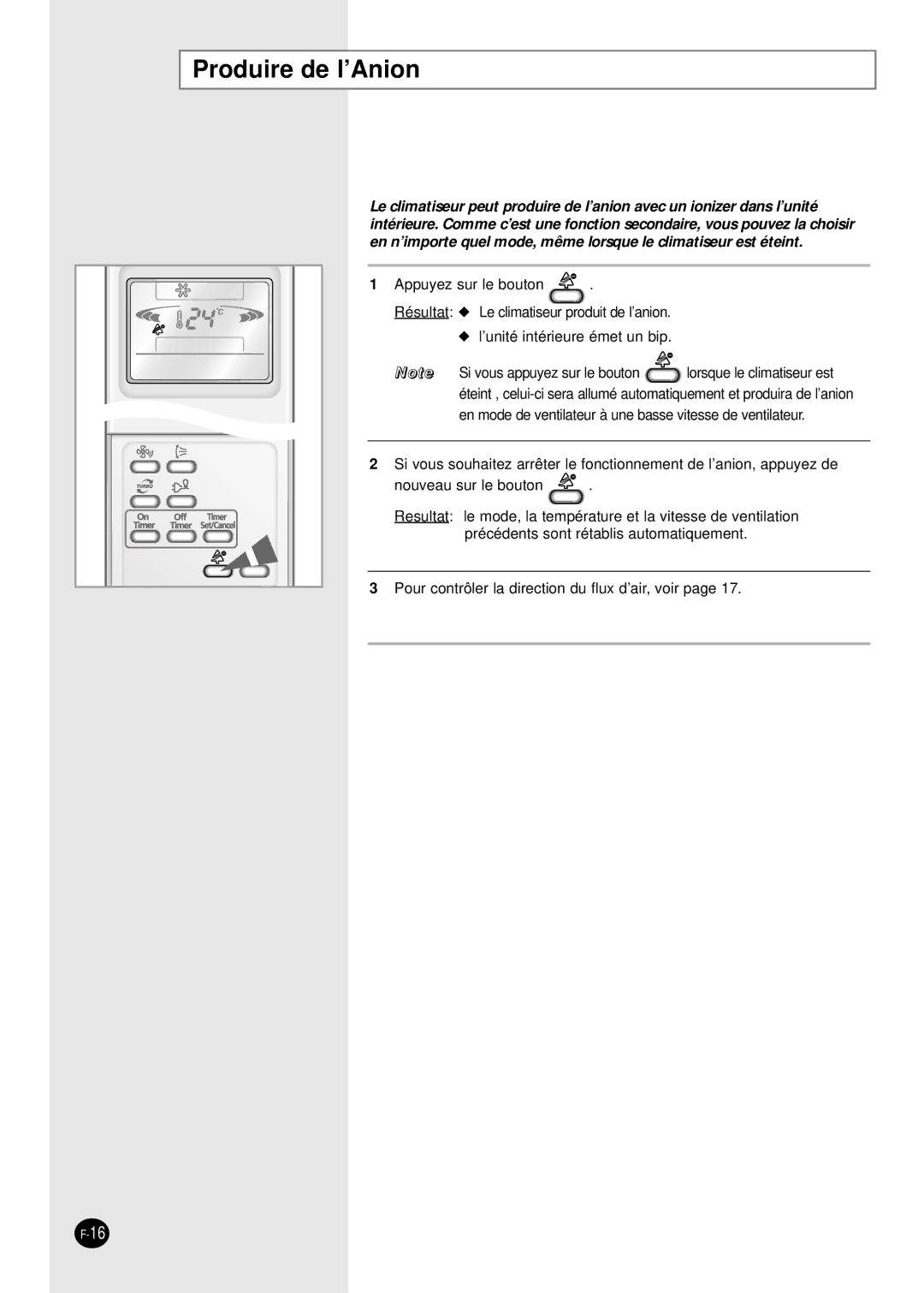 Samsung SH18AP0D, SH07APGD manual Produire de l’Anion 