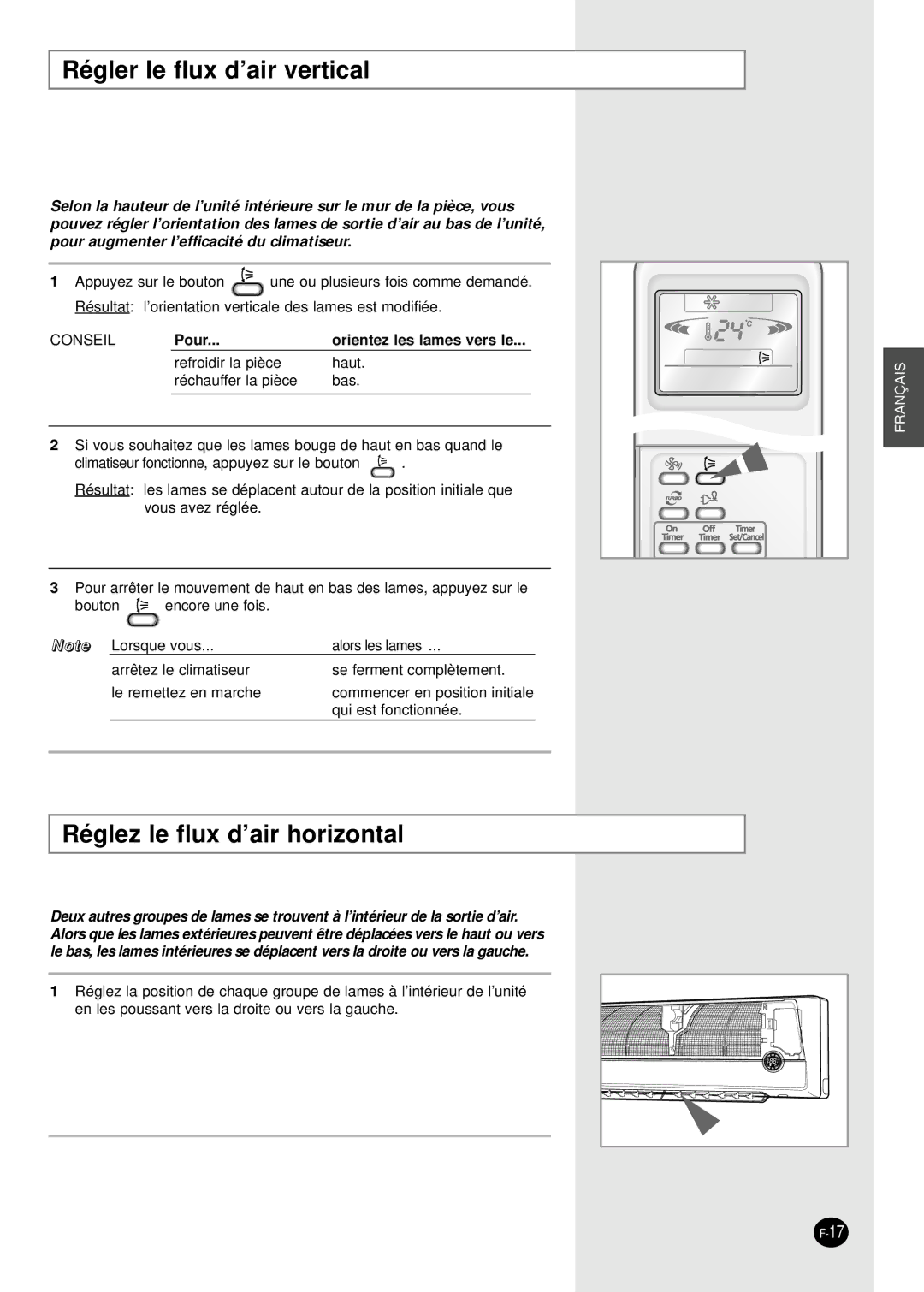 Samsung SH07APGD, SH18AP0D manual Régler le flux d’air vertical, Réglez le flux d’air horizontal 