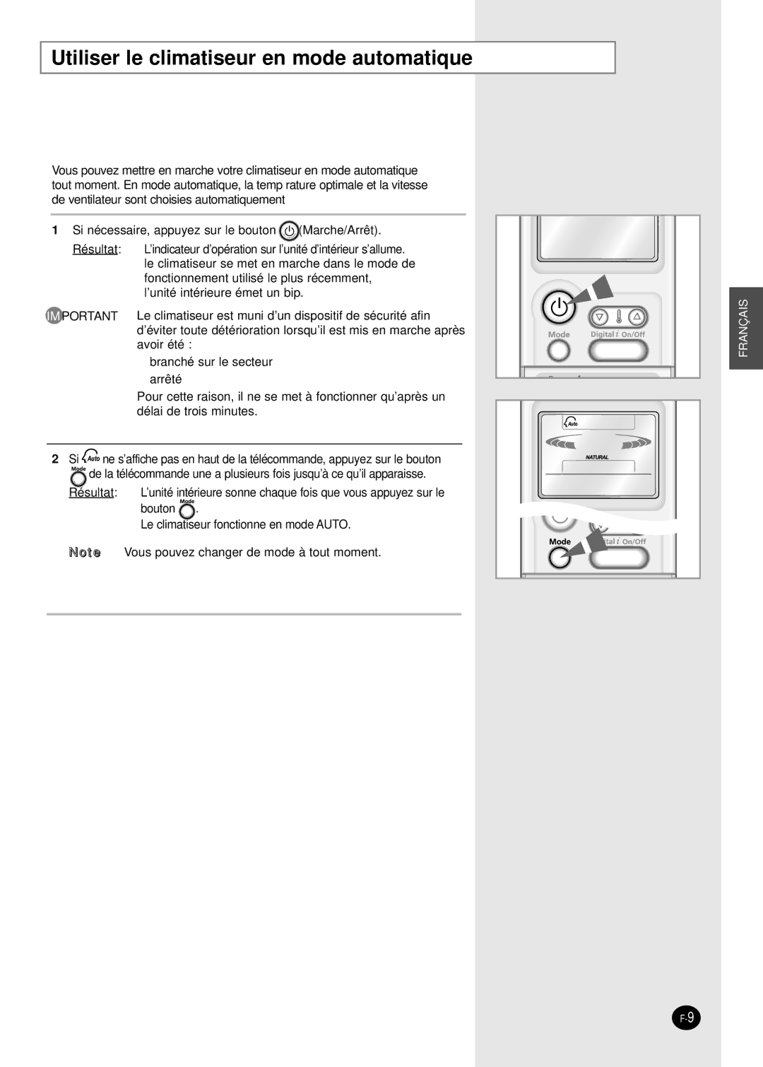 Samsung SH07APGD, SH18AP0D manual Utiliser le climatiseur en mode automatique 