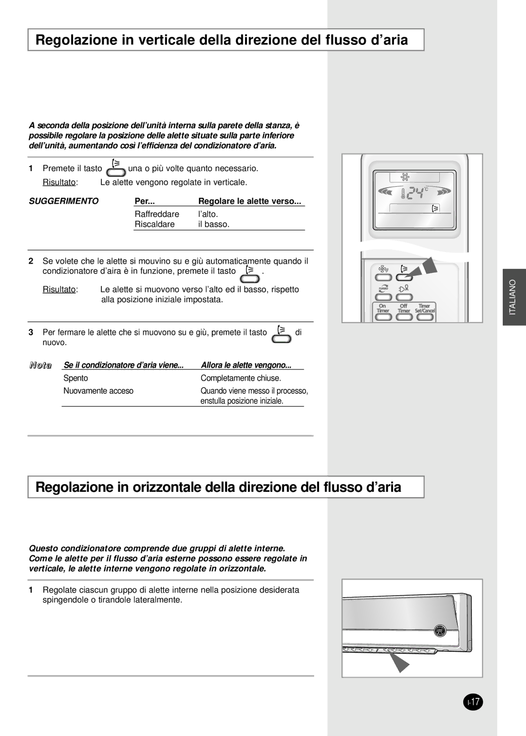 Samsung SH07APGD, SH18AP0D manual Regolazione in verticale della direzione del flusso d’aria 