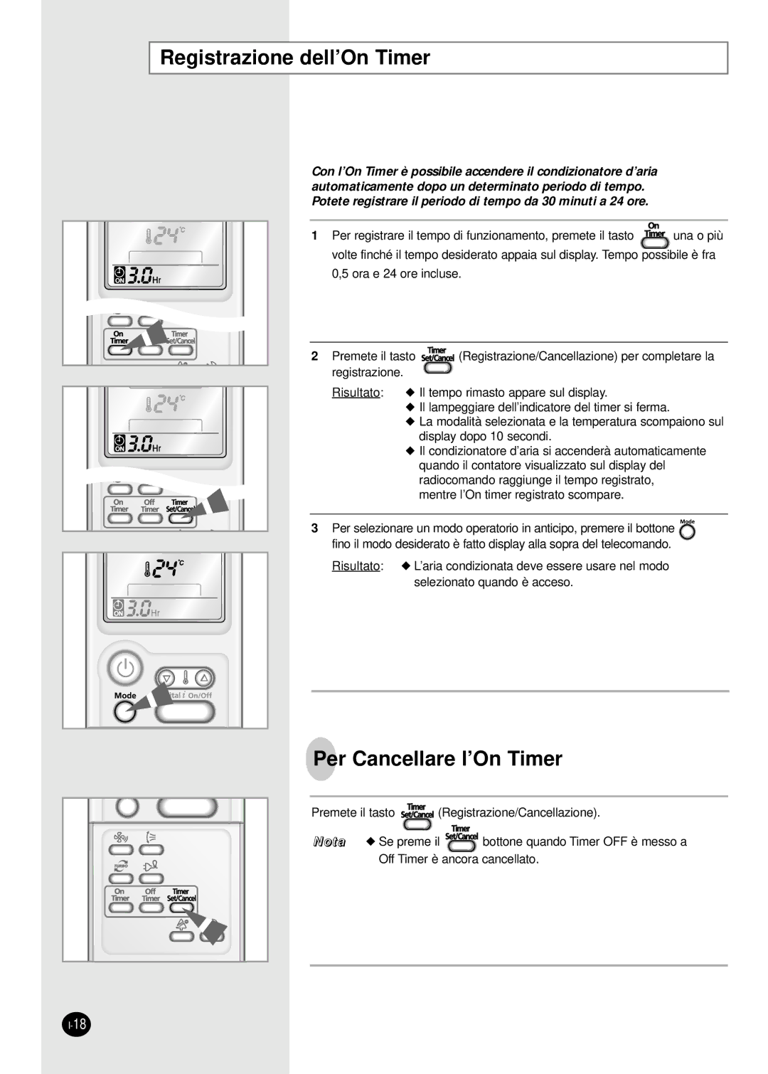 Samsung SH18AP0D, SH07APGD manual Registrazione dell’On Timer, Per Cancellare l’On Timer 