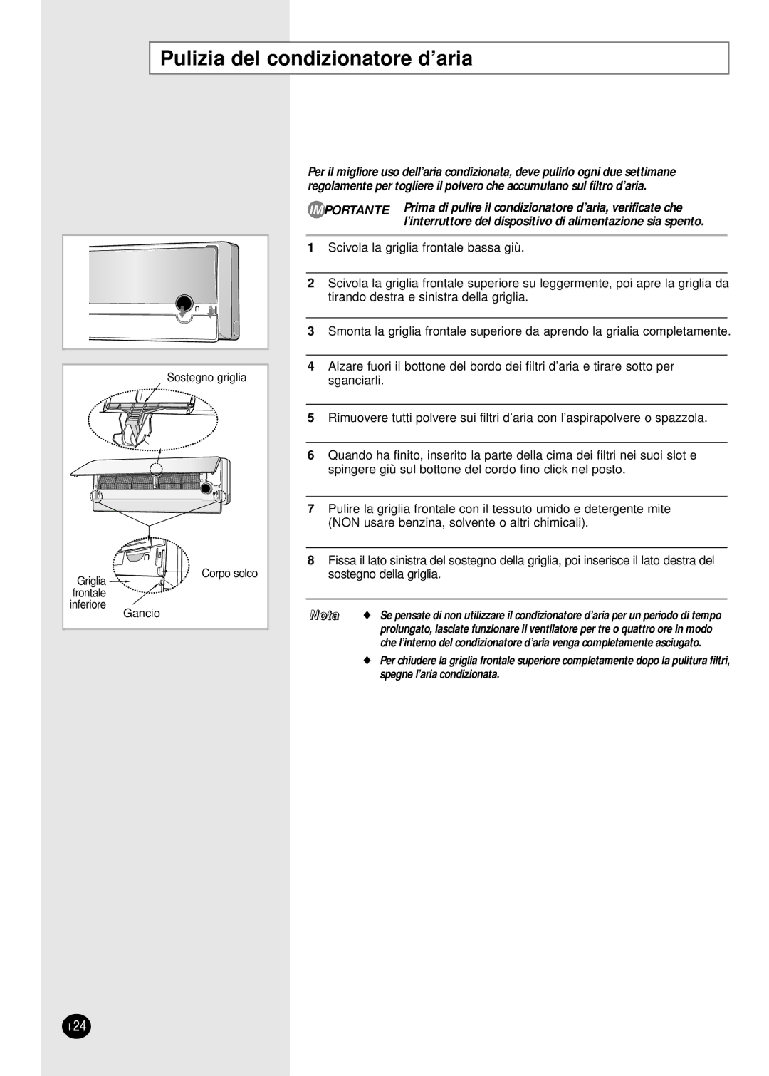 Samsung SH18AP0D, SH07APGD manual Pulizia del condizionatore d’aria, Sostegno griglia Corpo solco 