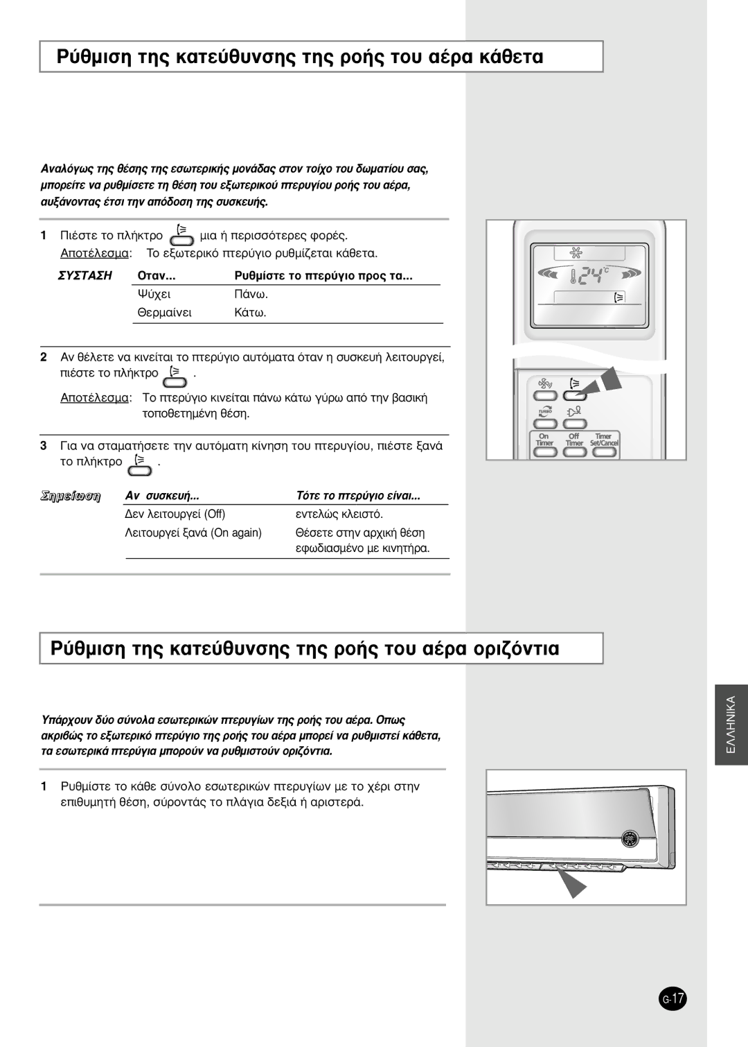 Samsung SH18AP0D manual ‡ıÌÈÛË ÙË˜ Î·ÙÂ‡ı˘ÓÛË˜ ÙË˜ ÚÔ‹˜ ÙÔ˘ ·¤Ú· Î¿ıÂÙ·, ‡ıÌÈÛË ÙË˜ Î·ÙÂ‡ı˘ÓÛË˜ ÙË˜ ÚÔ‹˜ ÙÔ˘ ·¤Ú· ÔÚÈ˙ﬁÓÙÈ· 