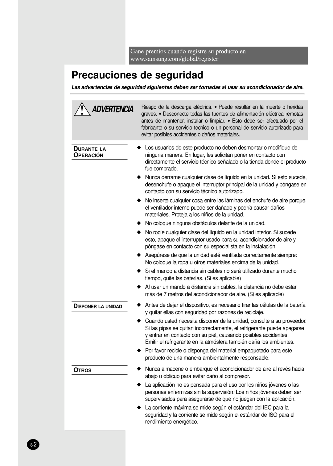 Samsung SH18APJEX, SH12AP4EX, SH09AP4EX manual Precauciones de seguridad 