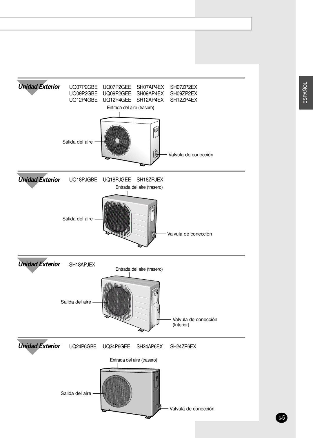 Samsung SH09AP4EX, SH12AP4EX manual Unidad Exterior SH18APJEX 