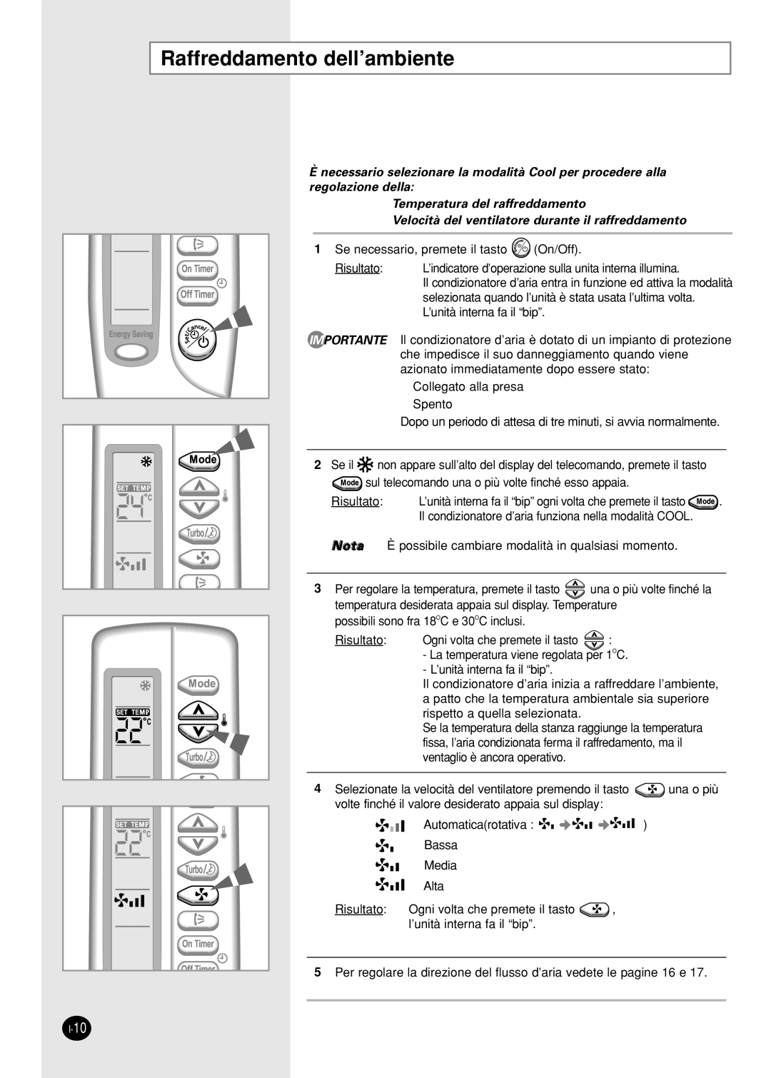 Samsung SH18AS0X manual Raffreddamento dell’ambiente, Nota 