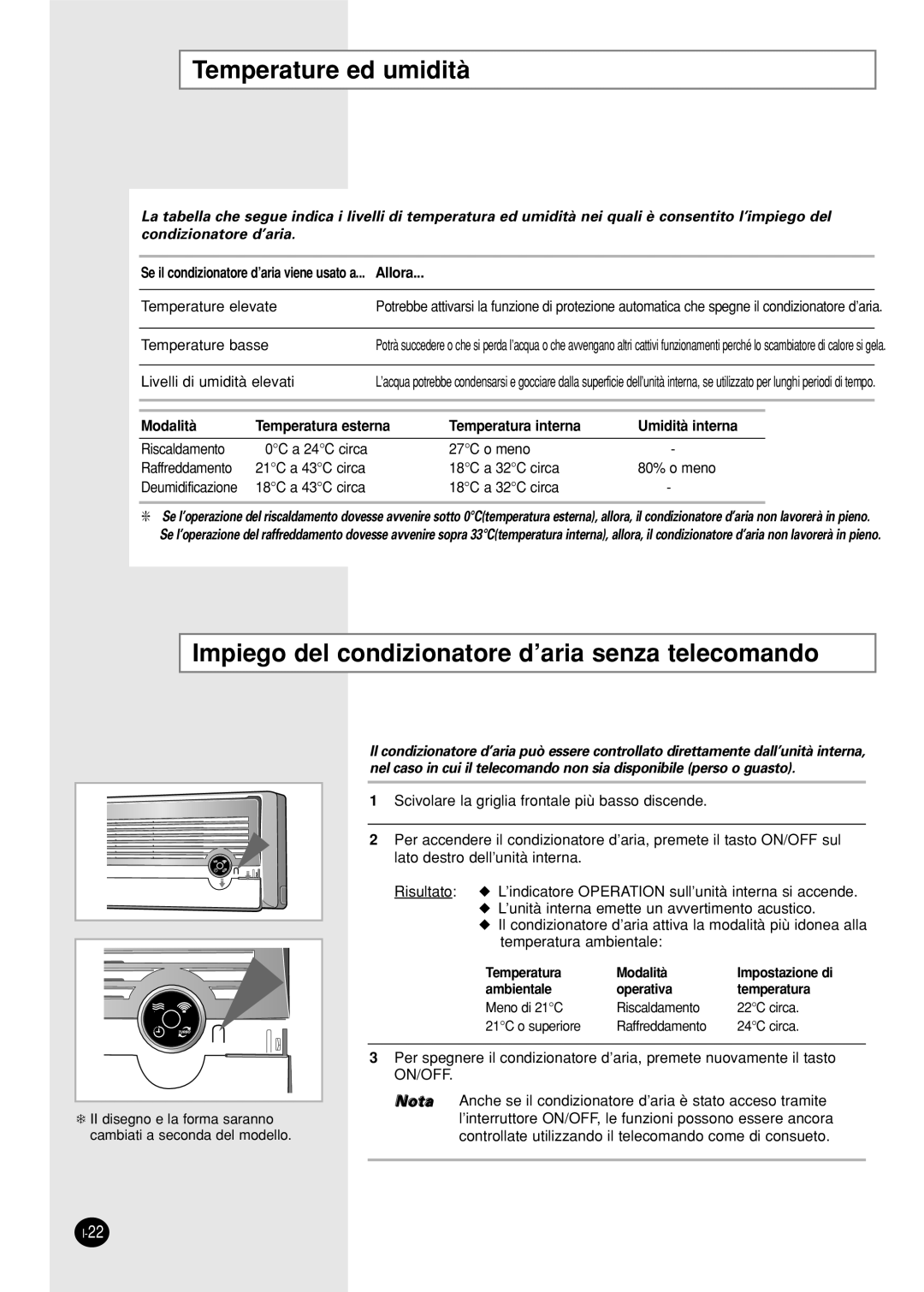 Samsung SH18AS0X manual Temperature ed umidità, Impiego del condizionatore d’aria senza telecomando 