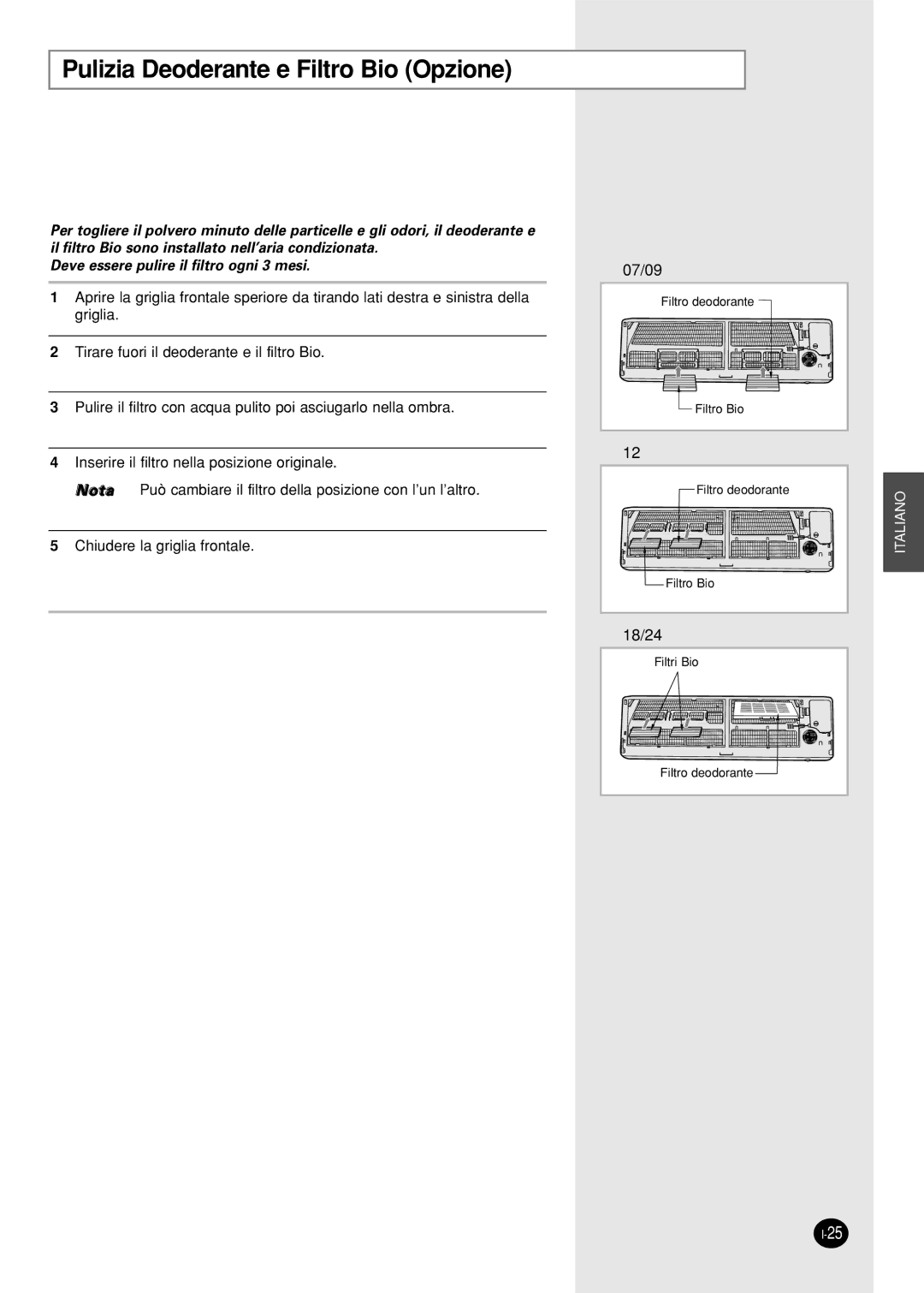 Samsung SH18AS0X manual Pulizia Deoderante e Filtro Bio Opzione 