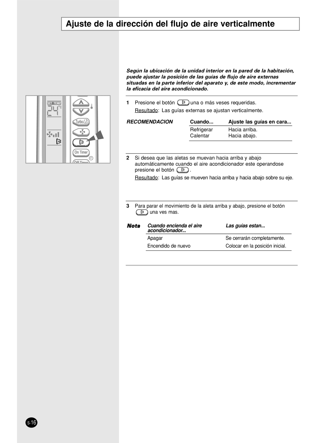 Samsung SH18AS0X manual Ajuste de la dirección del flujo de aire verticalmente, Recomendacion 