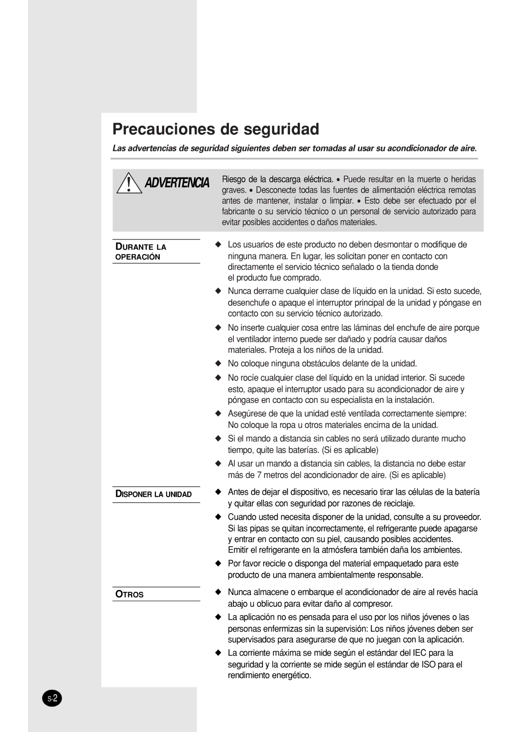 Samsung SH18AS0X manual Precauciones de seguridad 