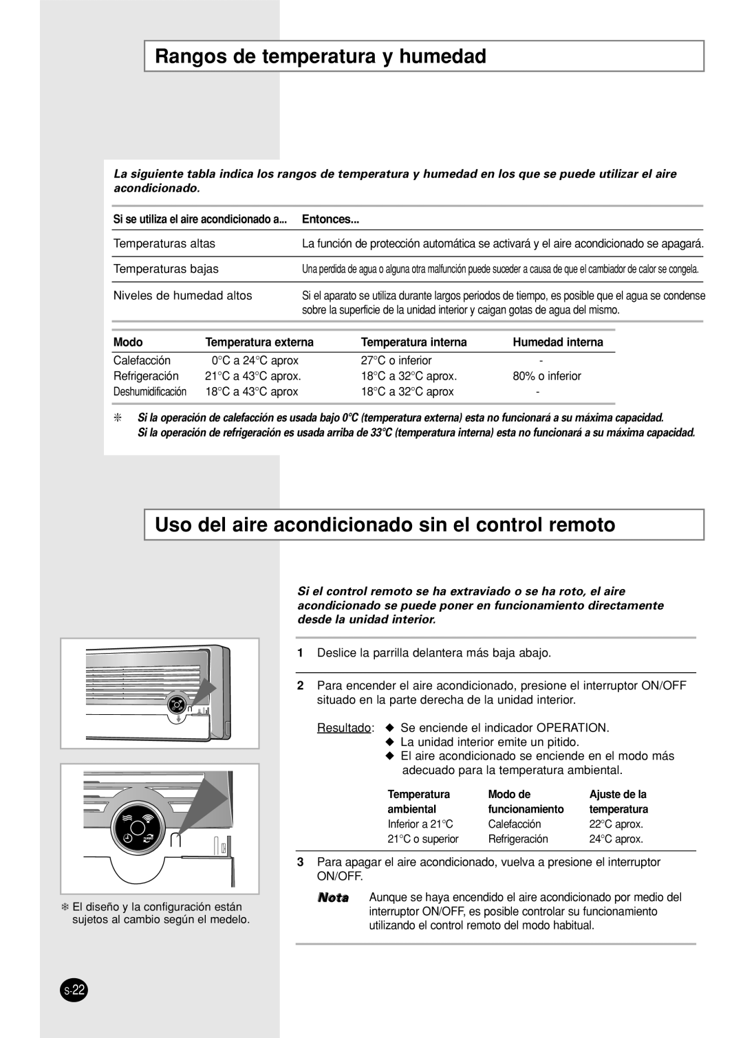 Samsung SH18AS0X manual Rangos de temperatura y humedad, Uso del aire acondicionado sin el control remoto 