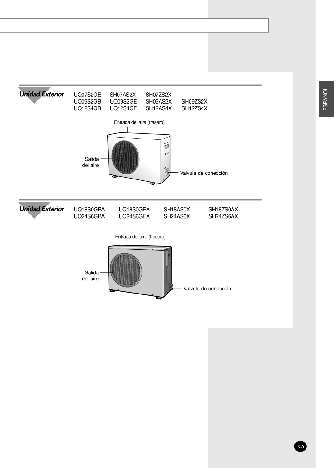 Samsung SH18AS0X manual Unidad Exterior UQ07S2GE 