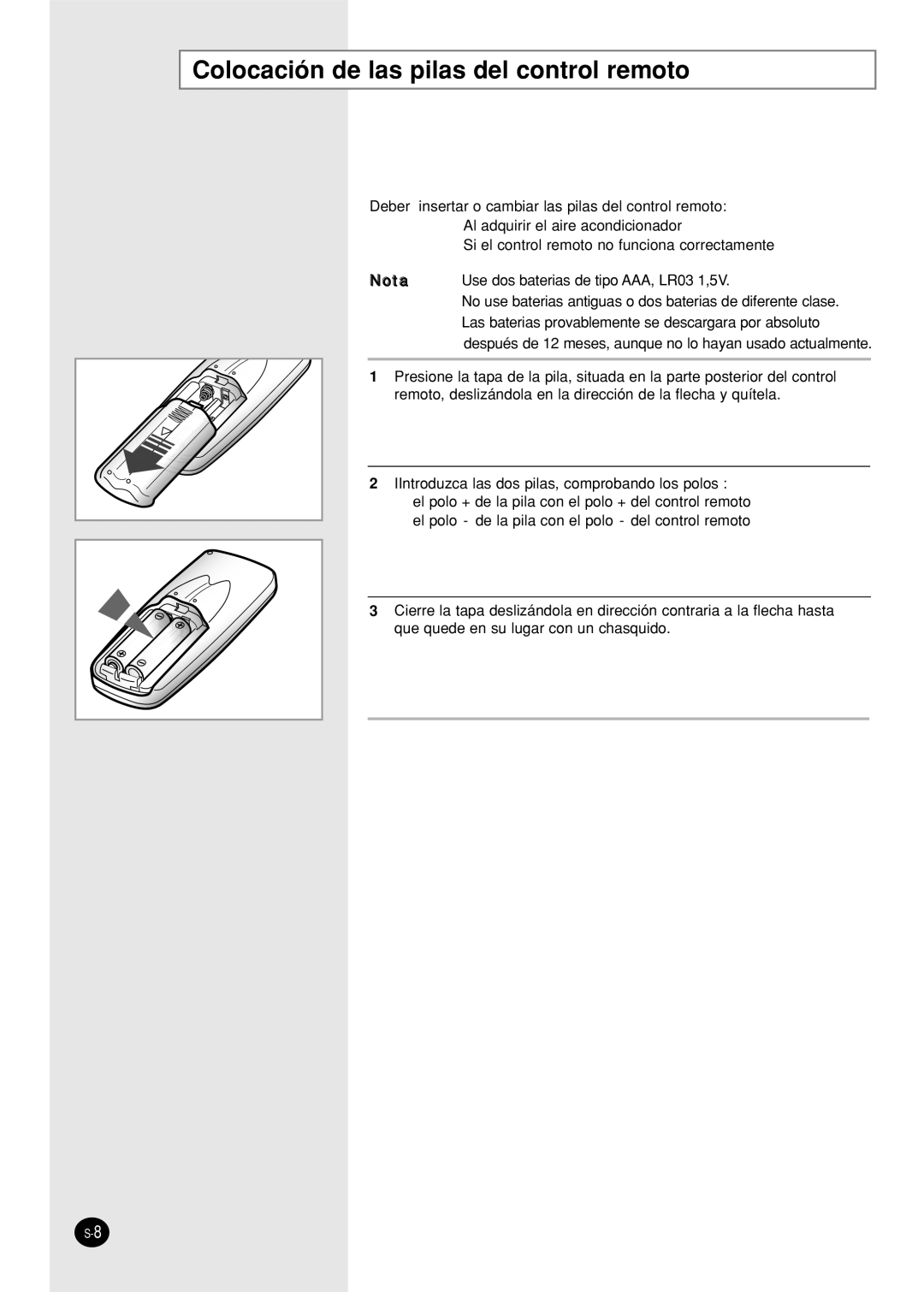 Samsung SH18AS0X manual Colocación de las pilas del control remoto 