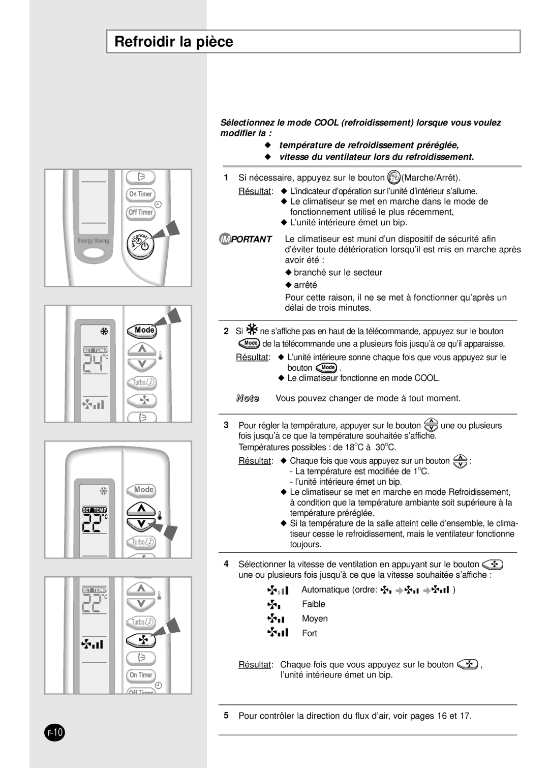 Samsung SH18AS0G, SH09AS2G, SH07AS2X, SH24AS6XG, SH24AS6G, SH12AS4G, SH09AS2X, SH12AS4XG manual Refroidir la pièce 