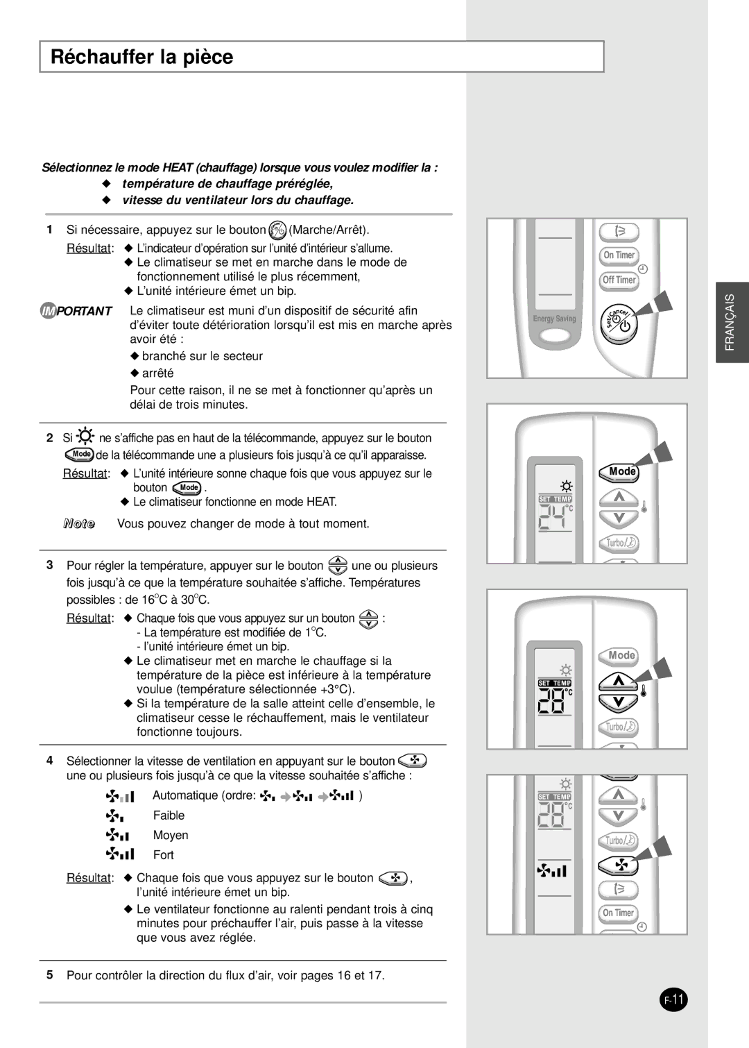 Samsung SH12AS4G, SH18AS0G, SH09AS2G, SH07AS2X, SH24AS6XG, SH24AS6G, SH12AS4XG, SH09AS2XG manual Réchauffer la pièce 