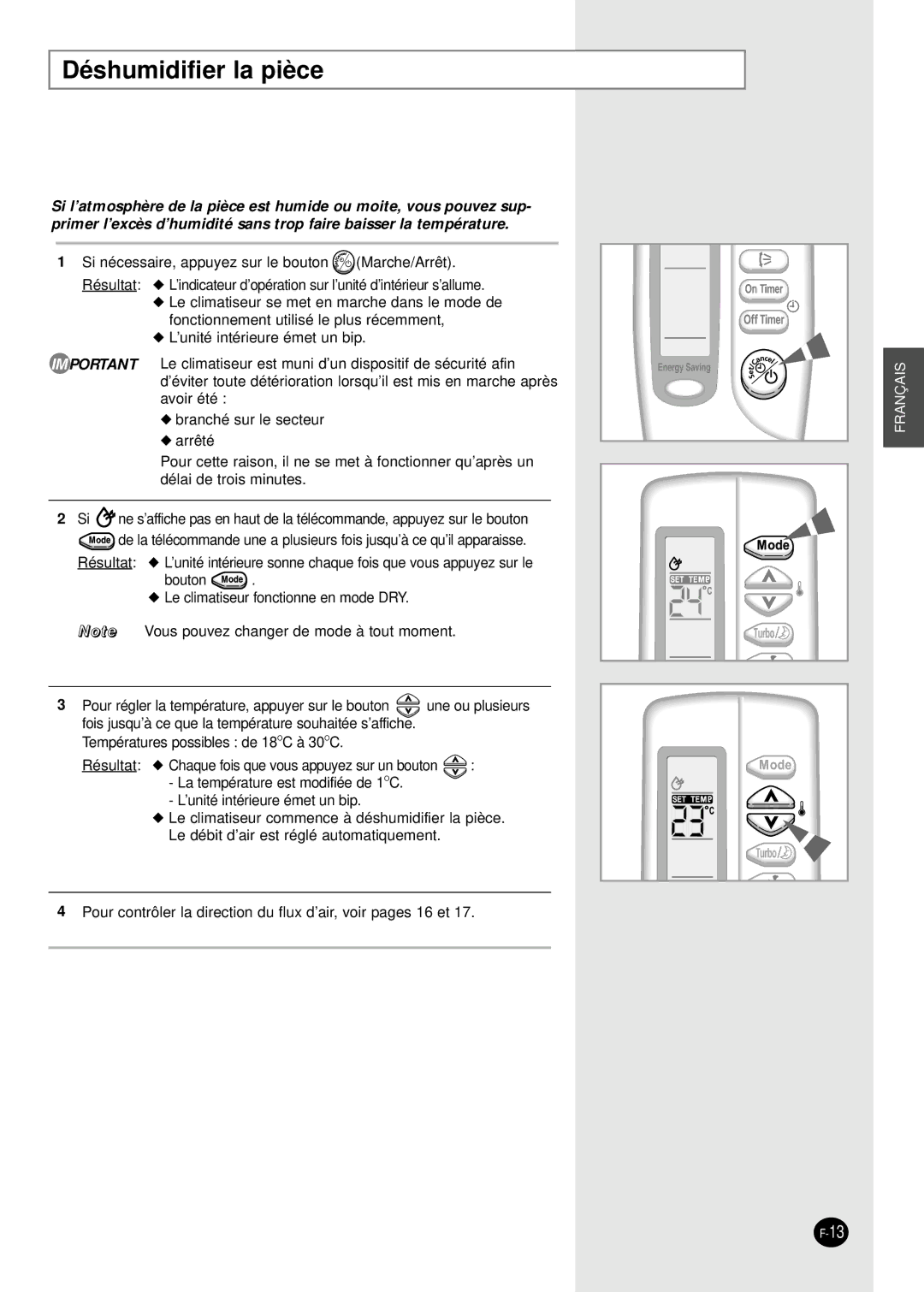 Samsung SH12AS4XG, SH18AS0G, SH09AS2G, SH07AS2X, SH24AS6XG, SH24AS6G, SH12AS4G, SH09AS2XG manual Déshumidifier la pièce 