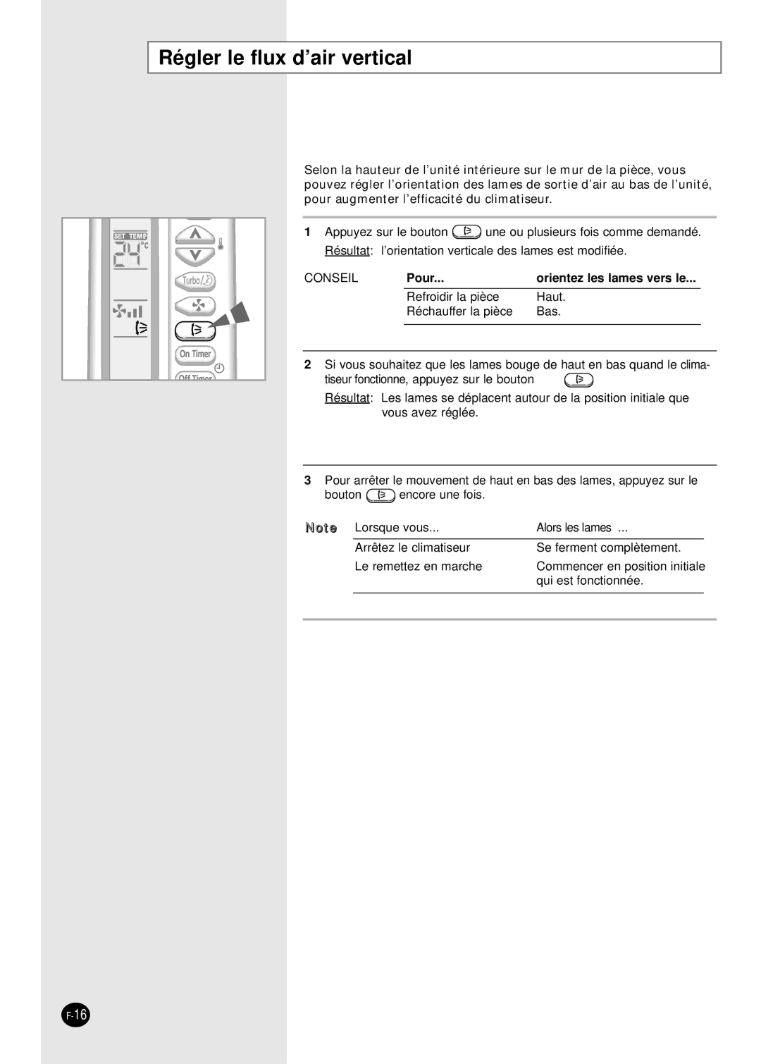 Samsung SH18AS0G, SH09AS2G, SH12AS4X, SH07AS2X, SH24AS6XG, SH24AS6G, SH12AS4G Régler le flux d’air vertical, Conseil 